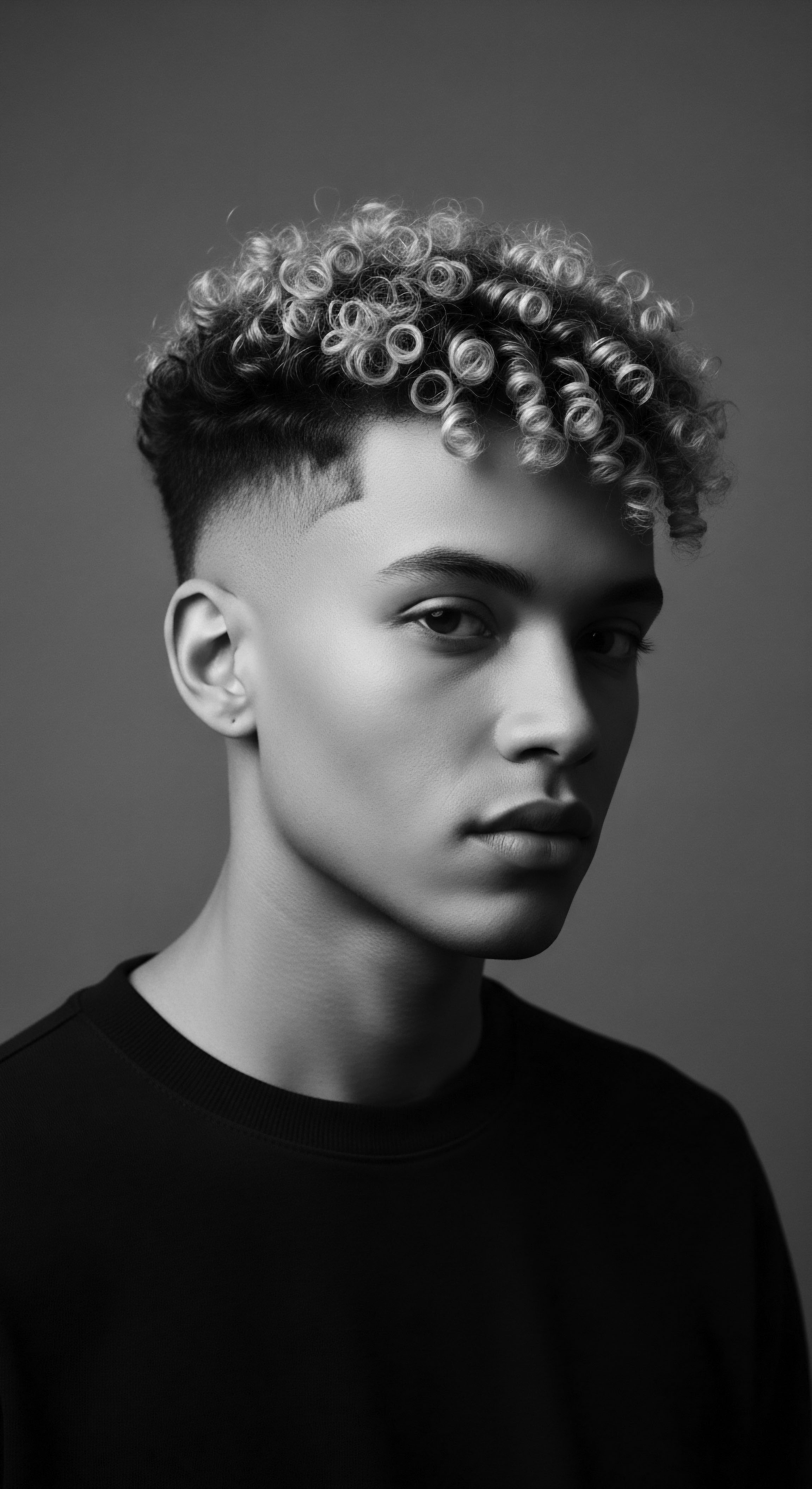 Monochromatic Portrait of Young Man with Tight Coiled Textured Hair Undercut This monochromatic image captures a poised young man, his tightly coiled hair a prominent statement of identity styled with precision. The play of light and shadow underscores the artistry of the haircut, reflecting modern Black hair culture and the intentionality of personal expression through textured forms.