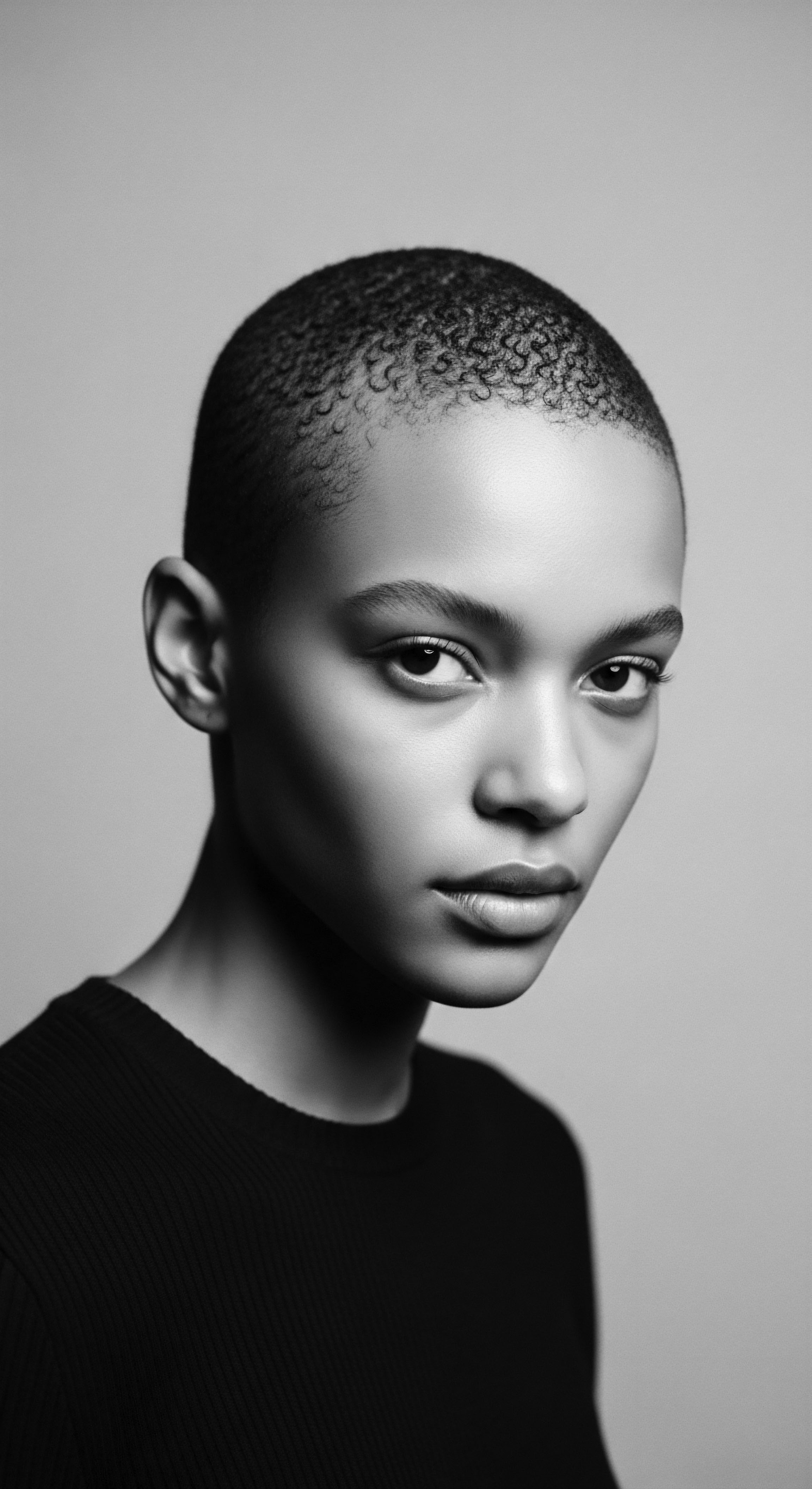 This powerful monochromatic portrait honors natural textured hair heritage through the confident gaze of a young woman, her closely cropped coils symbolizing strength and self-acceptance. The interplay of light and shadow enhances her features, inviting the viewer to contemplate the intersection of beauty, identity, and ancestral expression.