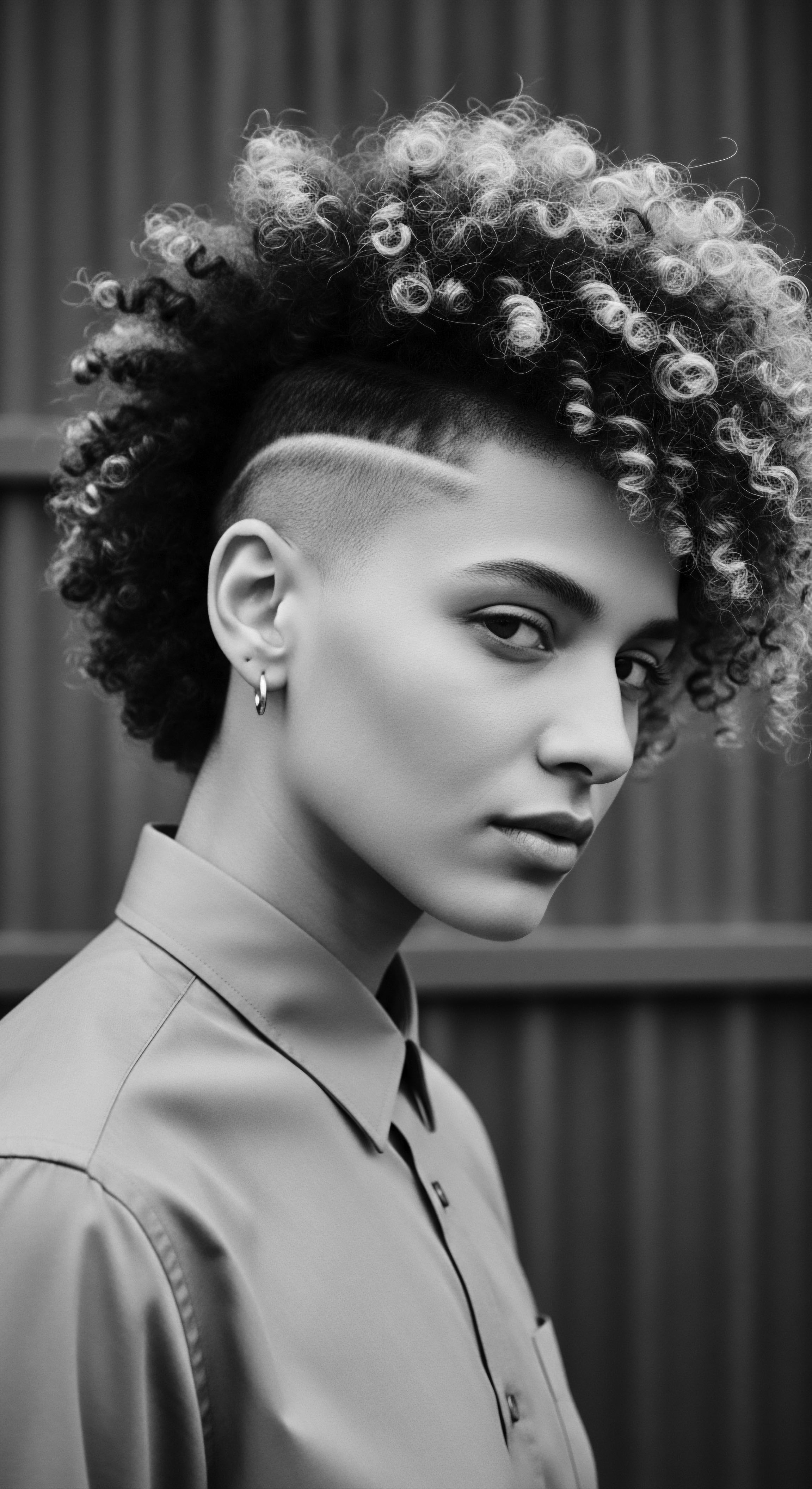 Monochromatic Portrait Undercut Hairstyle Revealing Confident Mixed Race Individual Expression A confident gaze emerges from this monochromatic portrait, where tightly coiled texture and shaved sides meet in artful contrast. The striking hairstyle embodies cultural expression, celebrating identity within diverse communities while inviting reflections on beauty standards.