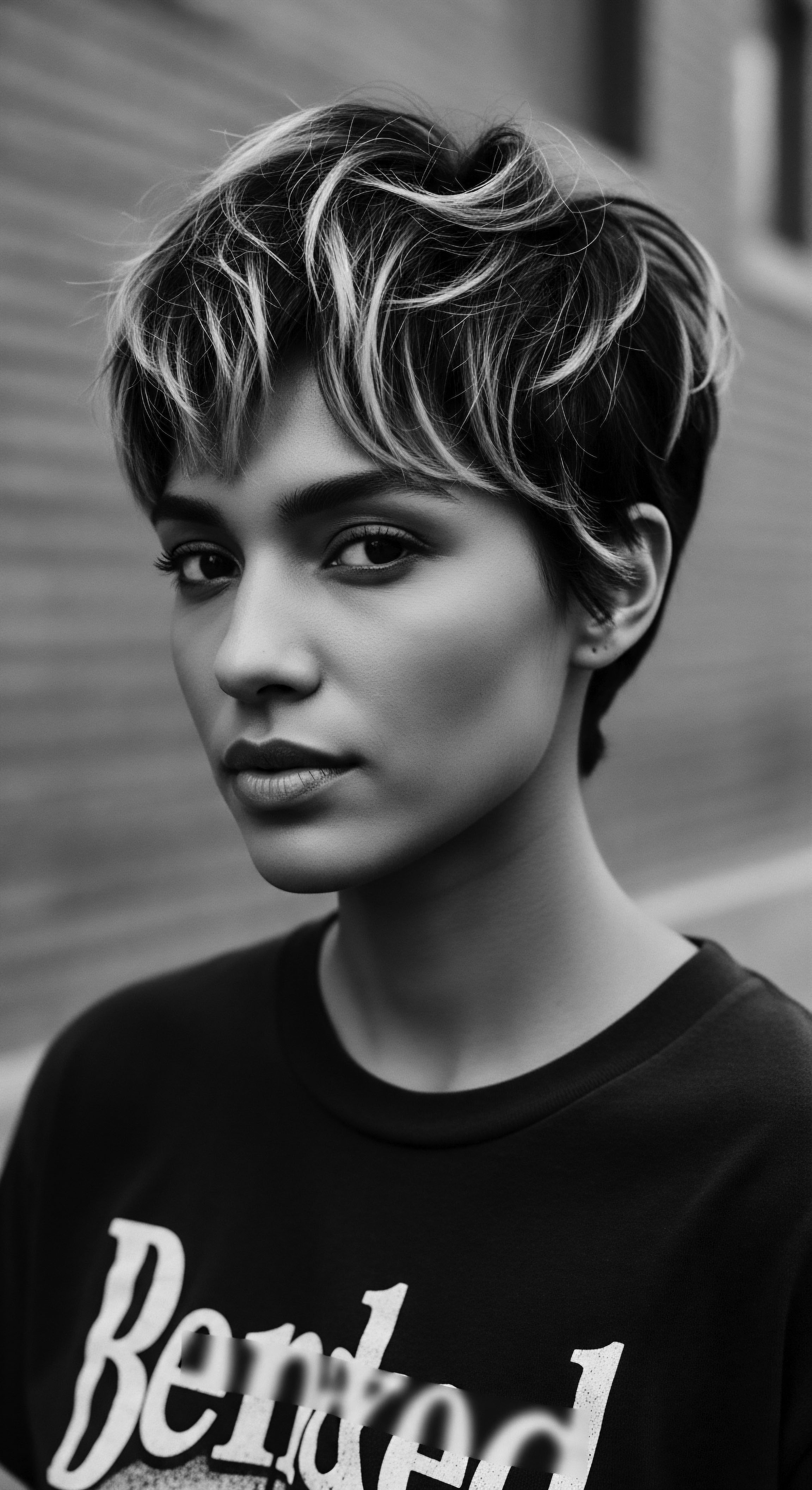 Monochromatic Portrait Young Woman Short Pixie Cut Undulating Textured Hair Her expertly styled short cut emphasizes texture, highlighting the inherent beauty of patterned hair, and creating a bold statement of individuality rooted in the heritage of textured hair expression in a timeless monochrome study. The image reflects a fusion of ancestral pride and contemporary confidence.