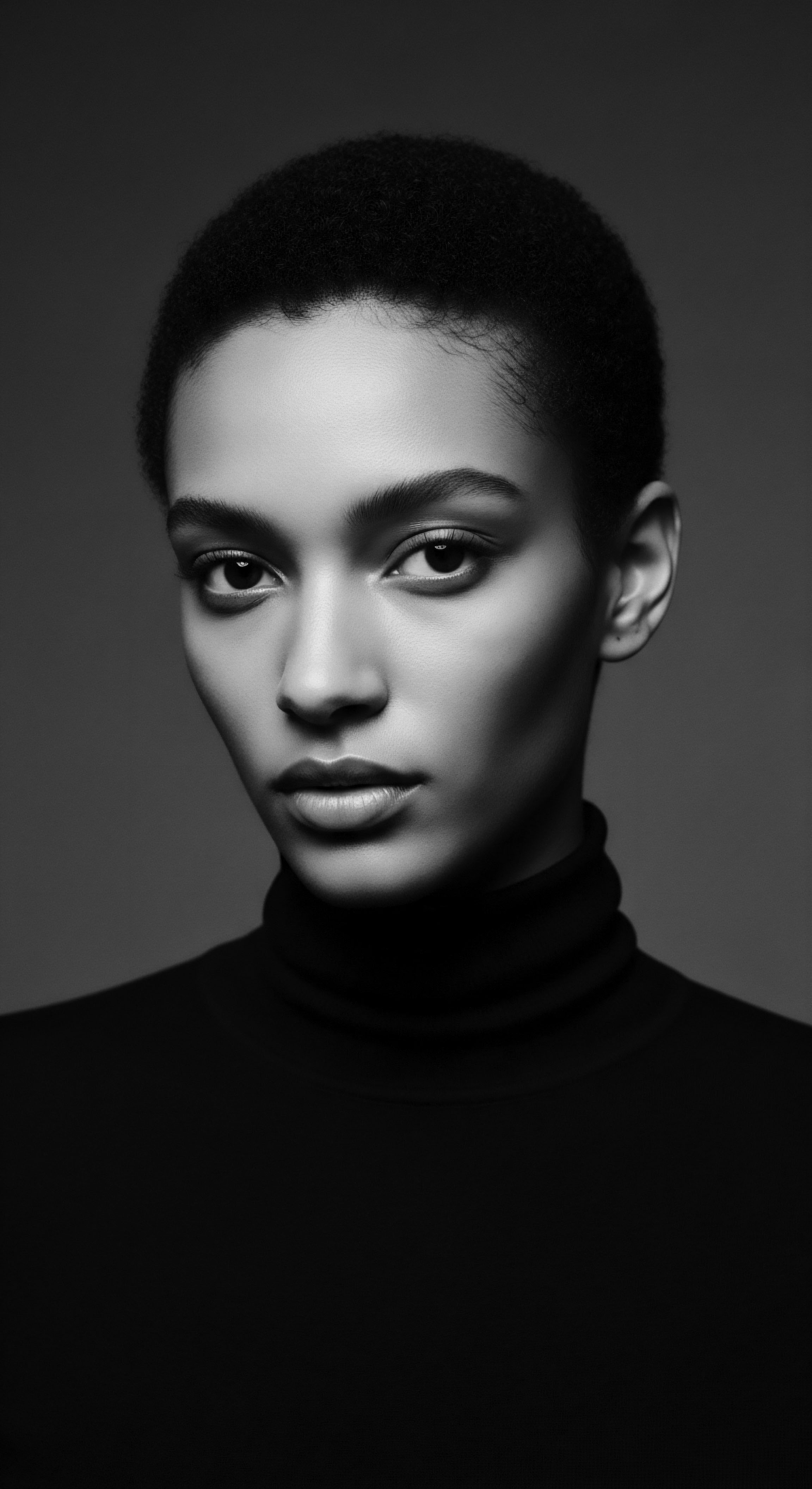 Monochromatic Portraiture of a Woman Exhibiting Natural Textured Hair Style The monochrome image highlights the beauty of natural hair and facial contours, emphasizing the strength in understated elegance. This refined portrait invites contemplation on identity and heritage reflected in an individual's chosen hairstyle that honors the beauty of distinct textured hair expression.