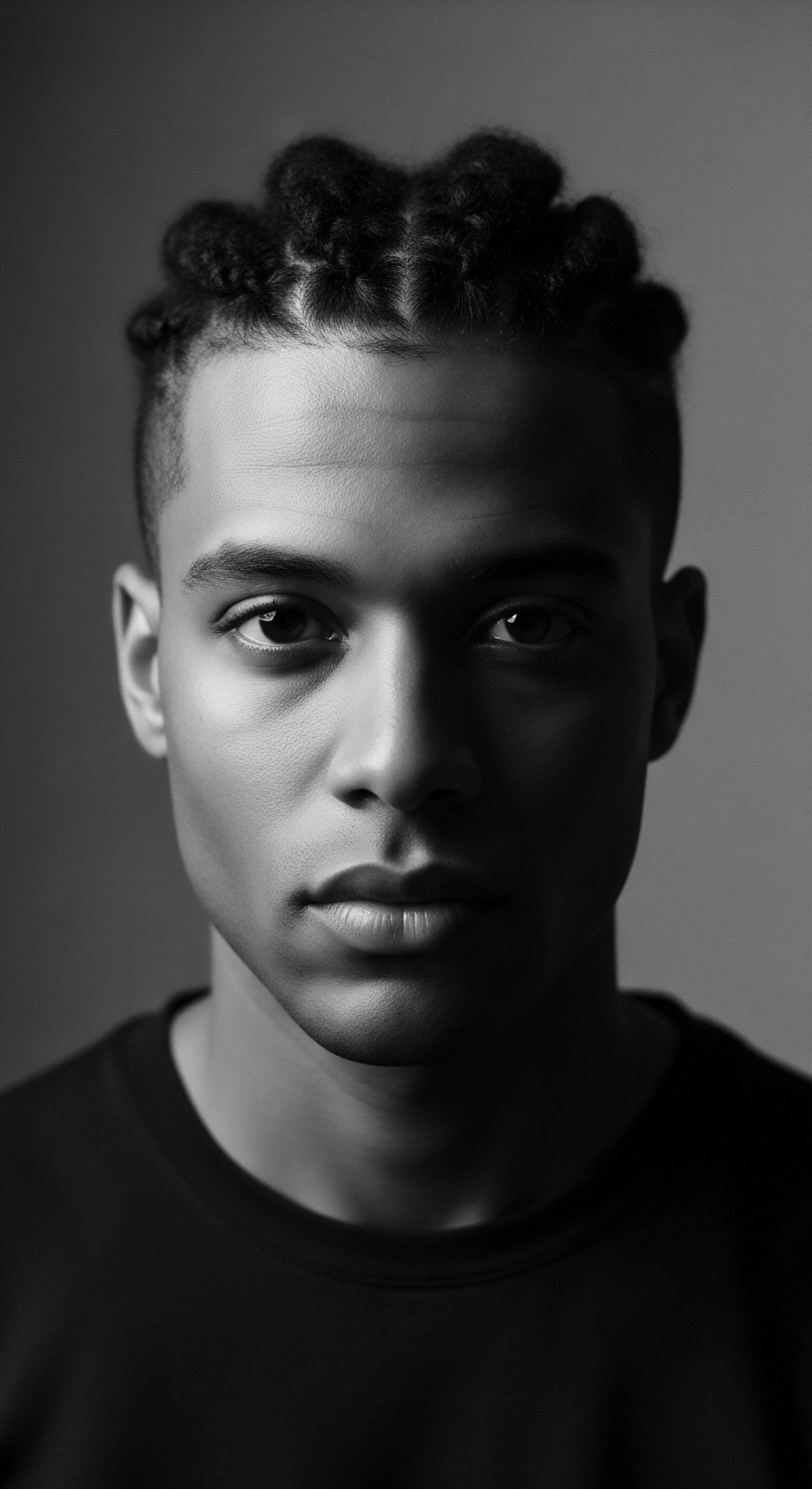 Monochromatic Portraiture of Young Man Showcasing Artful Braided Textured Hairstyle In stark monochrome, the portrait celebrates the heritage of Black hair artistry, emphasizing the precision of cornrow braiding achieved upon 4c afro-textured, high-density hair. The composition connects ancestral practices to contemporary self-expression, reflecting deeply rooted identity narratives through artistic styling and sebaceous balance maintenance.
