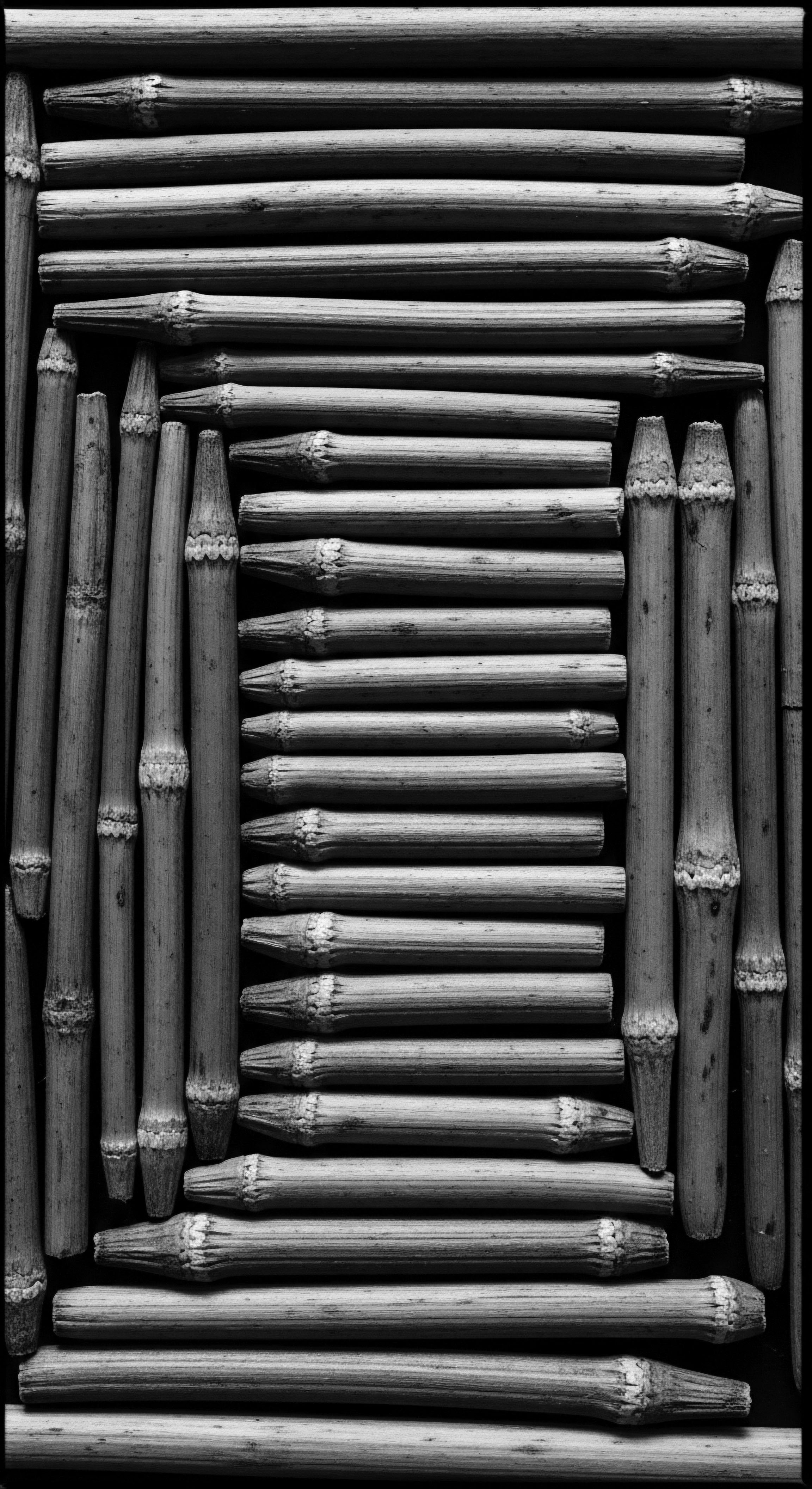 Monochrome Array of Organic Elements: Textural Composition for Heritage Crafting The rhythmic arrangement of rigid stems mirrors the deliberate craftsmanship embedded in heritage practices, symbolizing the mindful application of natural ingredients and ancestral wisdom for nurturing strong, thriving textured hair formations. It signifies the heritage of holistic hair solutions.