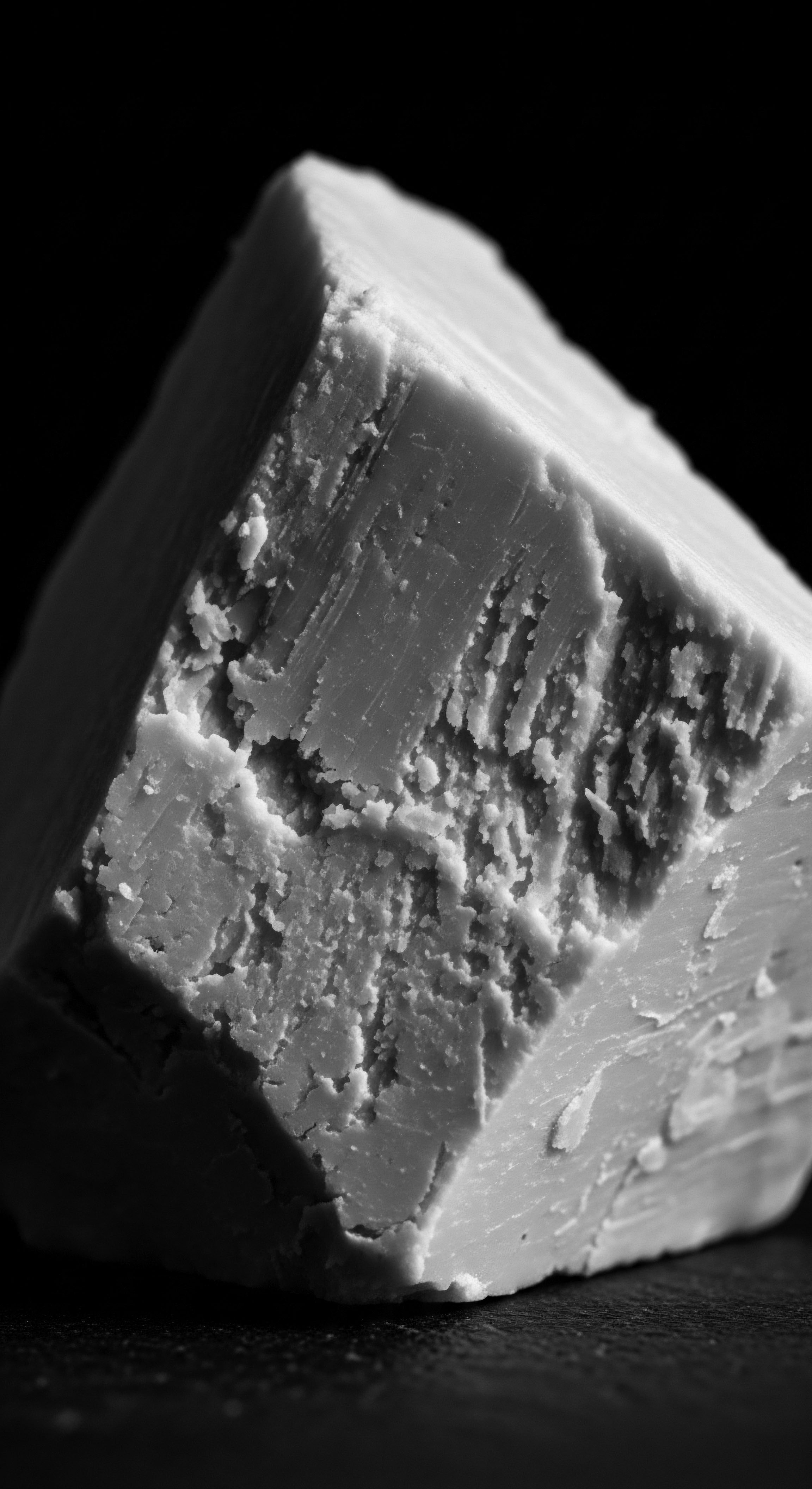 Monochrome Close Up of Shea Butter Block for Textured Hair Care The textured surface of the shea butter block, captured in monochrome, speaks to the rich heritage of natural hair care. Its emollient properties, a staple in ancestral African and Black hair traditions, offer deep hydration and coil strengthening, essential for healthy, resilient hair textures.