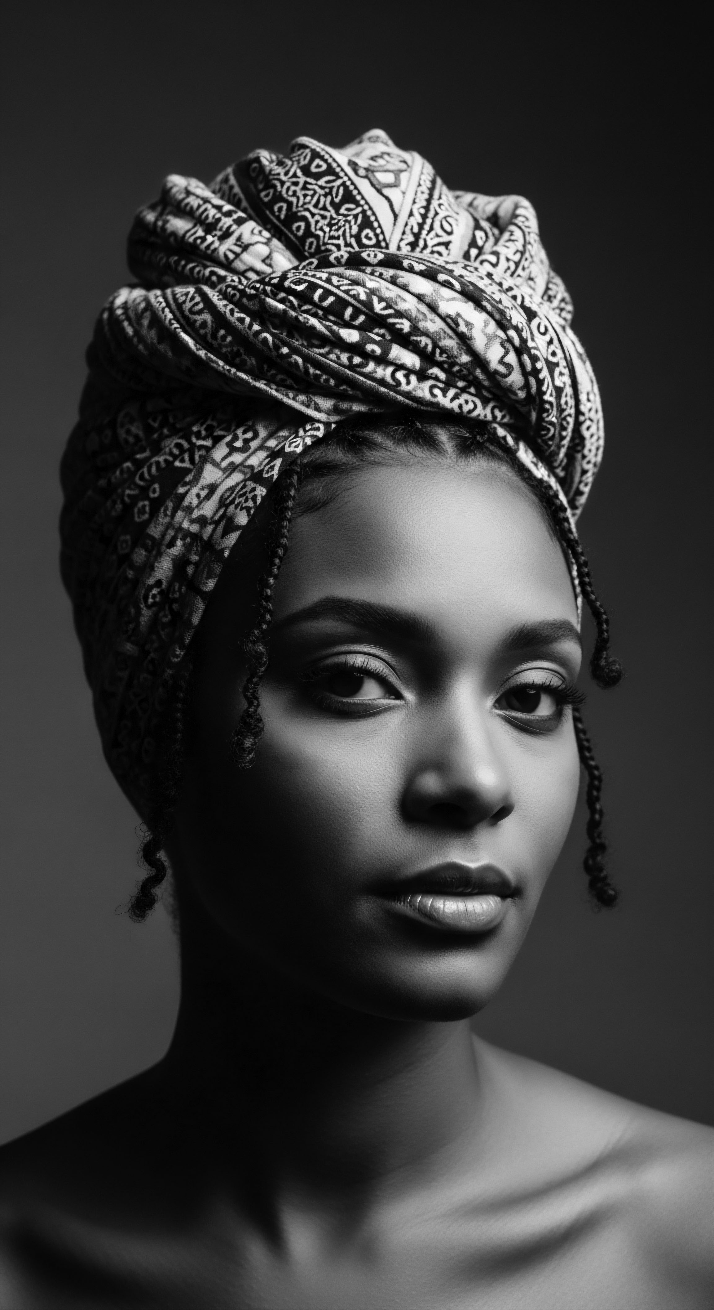 Monochrome Portrait: African Woman Adorned in Ancestral Madrasi Head Tie Tradition This artistic monochrome portrait showcases a woman adorned in a Madrasi head tie, echoing ancestral beauty and holistic hair traditions, spotlighting 4a high-density coils texture. The image celebrates sebaceous balance care, low porosity practices within ancestral hairstyles and modern aesthetics affirming expressive styling through heritage.
