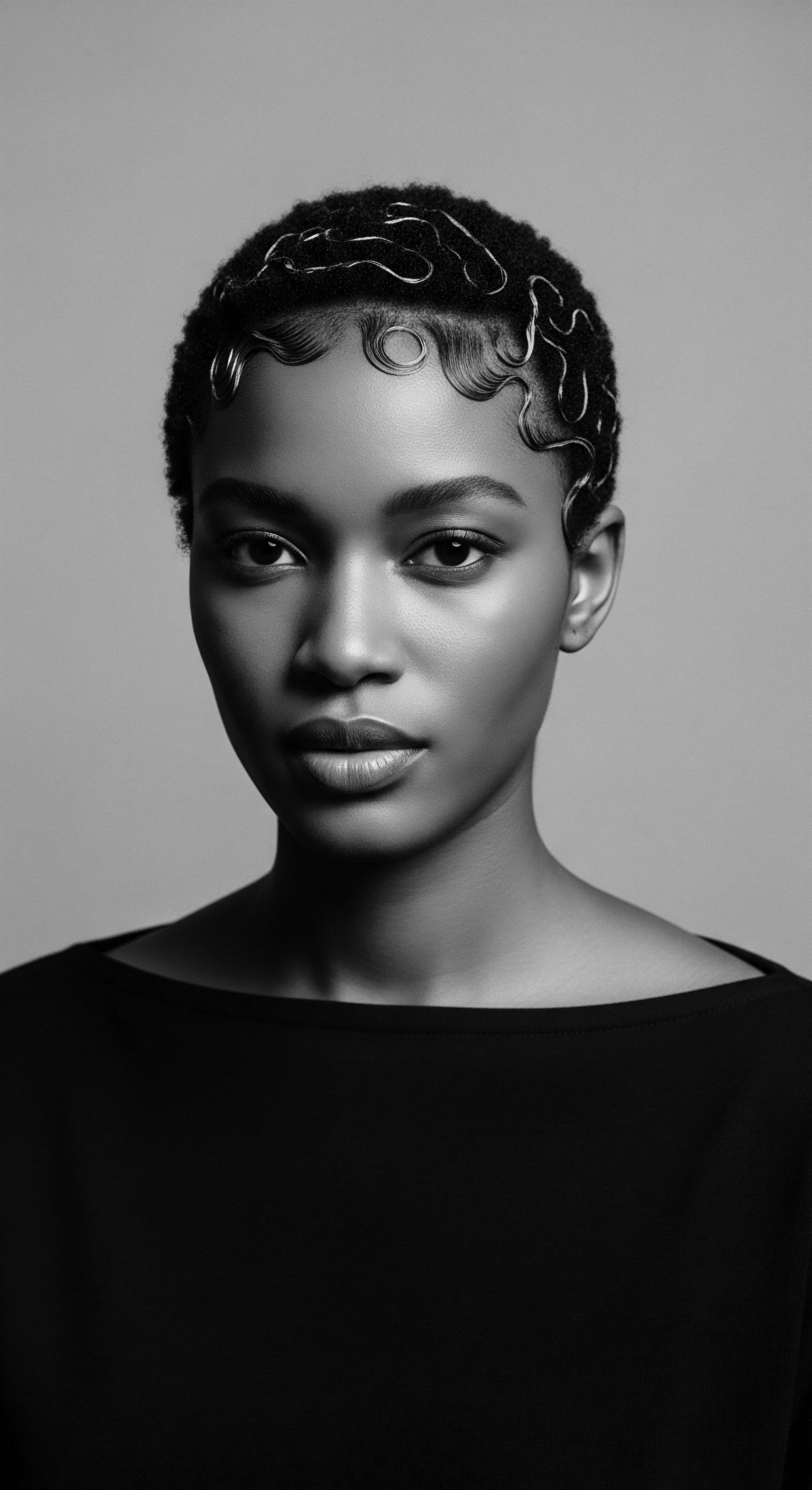 Monochrome Portrait Beautiful Black Woman With Sculpted Edges and Short Hair This portrait evokes a timeless elegance, the artful arrangement of her hairline a testament to enduring Black hair traditions. The play of light emphasizes the texture and form, reflecting a dedication to holistic hair care and expressive styling that honors ancestral heritage.
