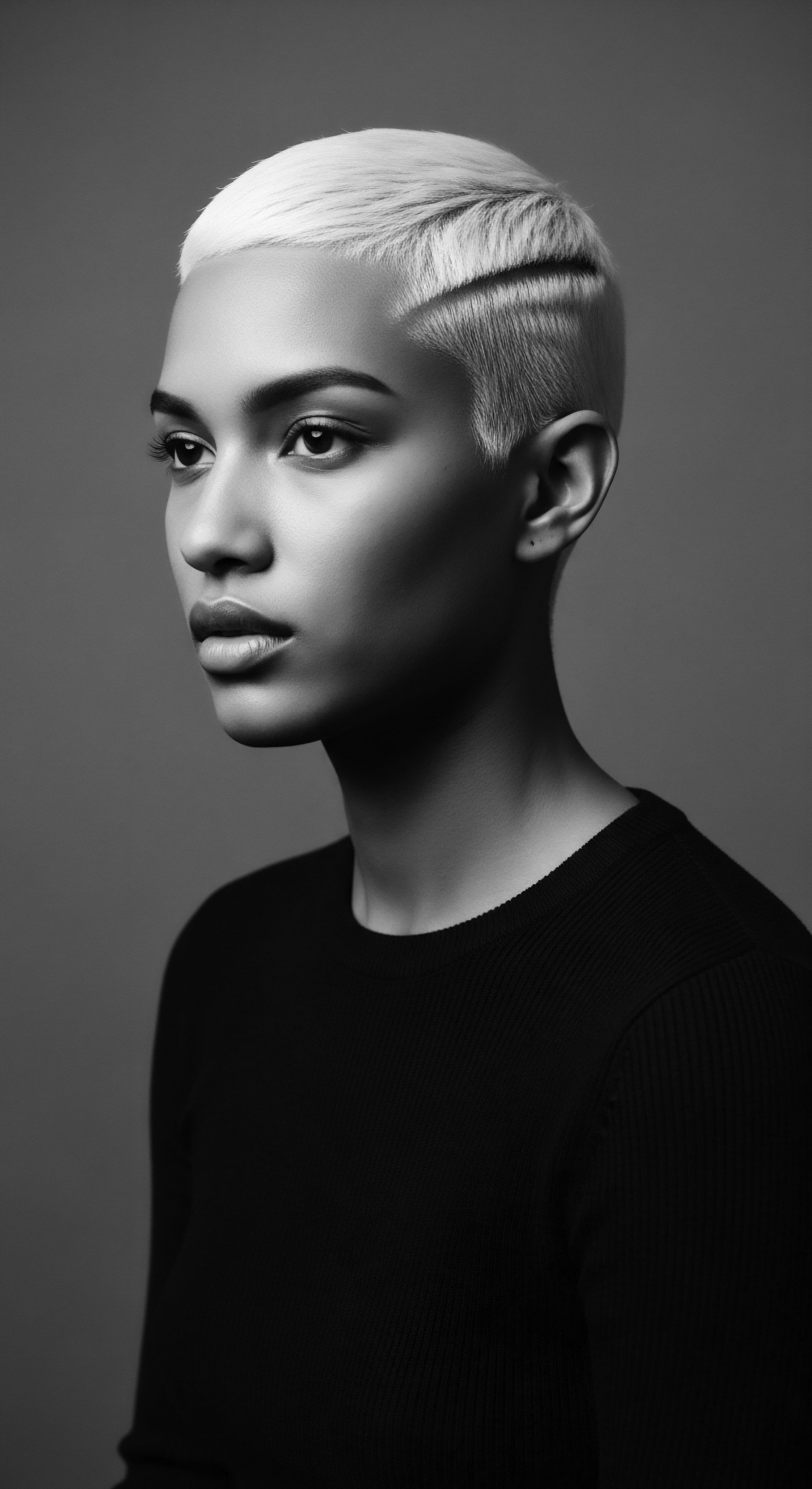 Monochrome Portrait Diverse Model Short Natural Platinum Textured Hair Statement Captured in black and white, this evocative portrait features an individual with closely shaved textured hair, embracing their natural hair, inviting the beholder to reflect on the artistry of modern expression and the beauty found within simple, striking photographic contrast, and hair texture.