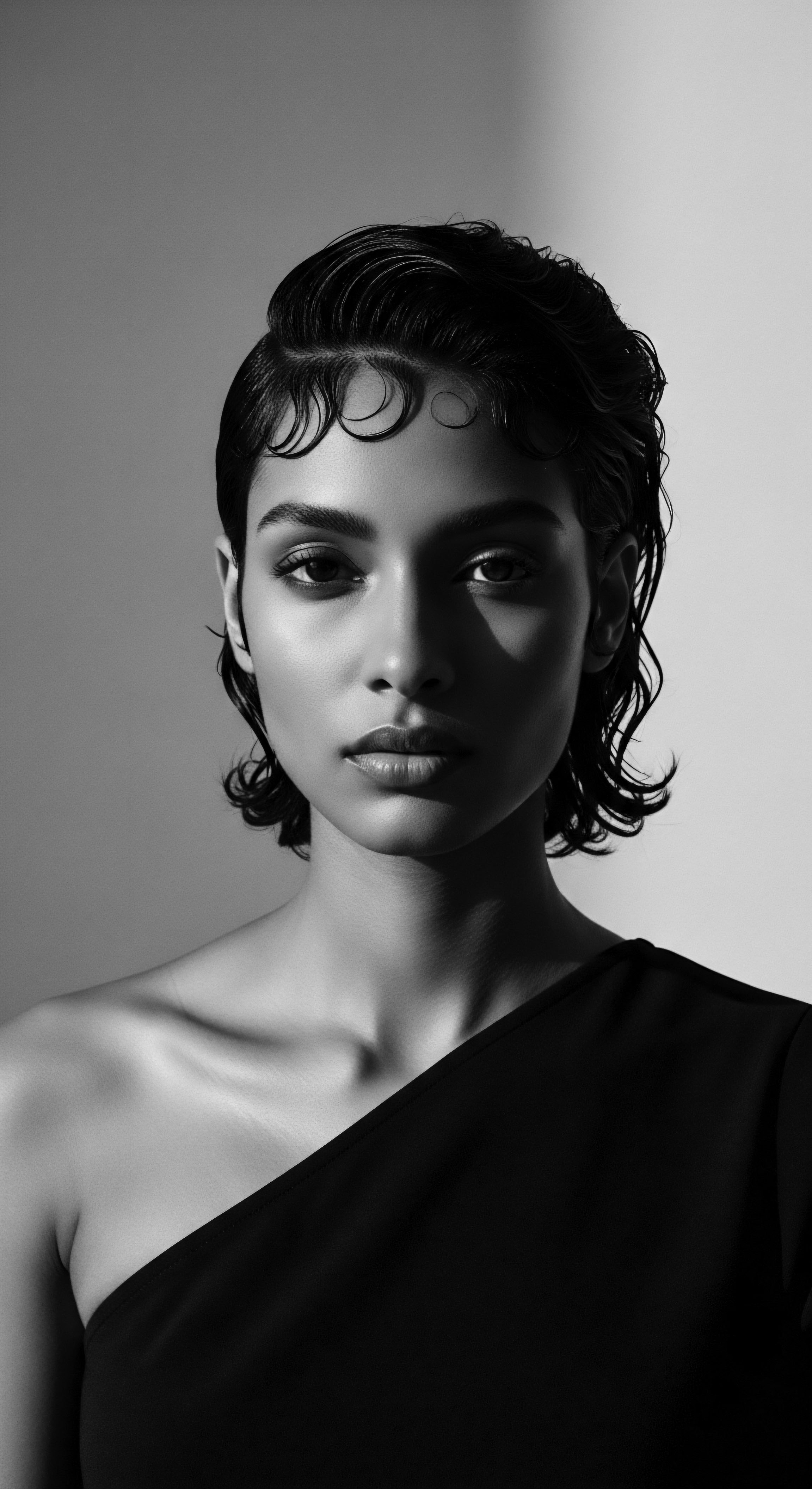 Close-up black and white portrait focuses on a woman with short, wet-styled textured hair. Shadowing emphasizes her features, enhancing sleek, sculpted waves against her skin. The one-shoulder dress underscores the smooth skin, offering visual contrast, highlighting her form and her heritage, embodying modern beauty standards through ancestral roots.