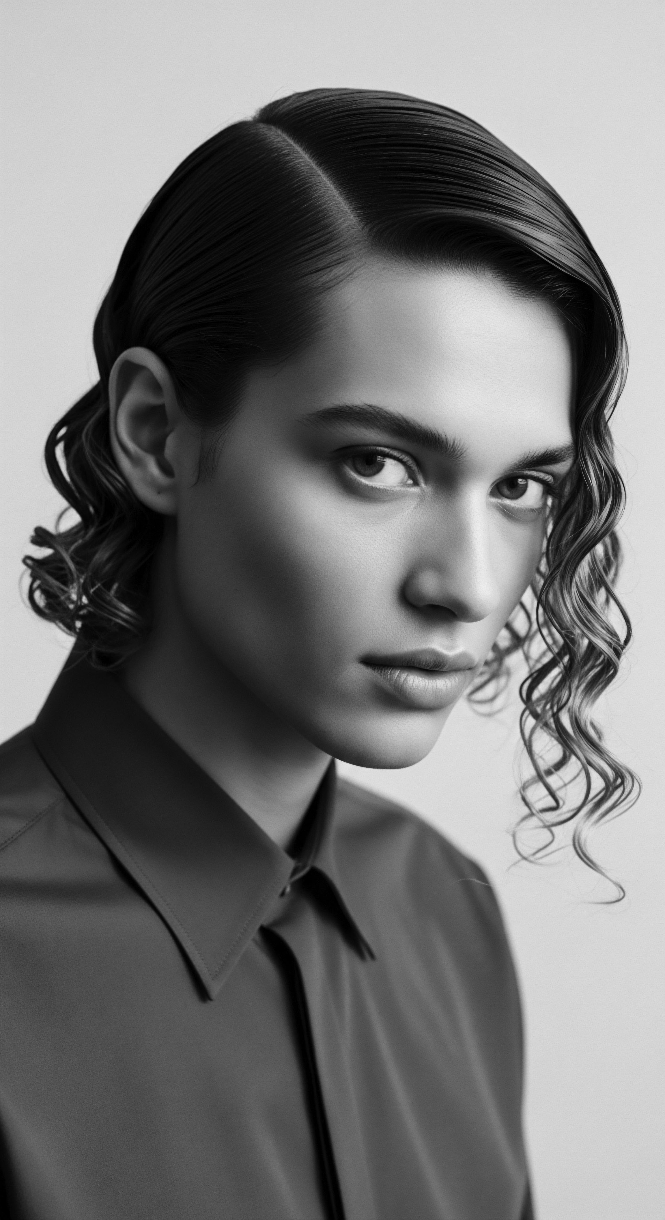 Monochrome Portrait Elegant Woman with Coiled Hairstyle and Satin Shirt This monochromatic portrait exudes timeless elegance, showcasing the beauty of structured hair juxtaposed with soft, coiled patterns. Her poised expression and the satin shirt's sheen capture a blend of strength and grace, celebrating textured hair as an art form within beauty standards.