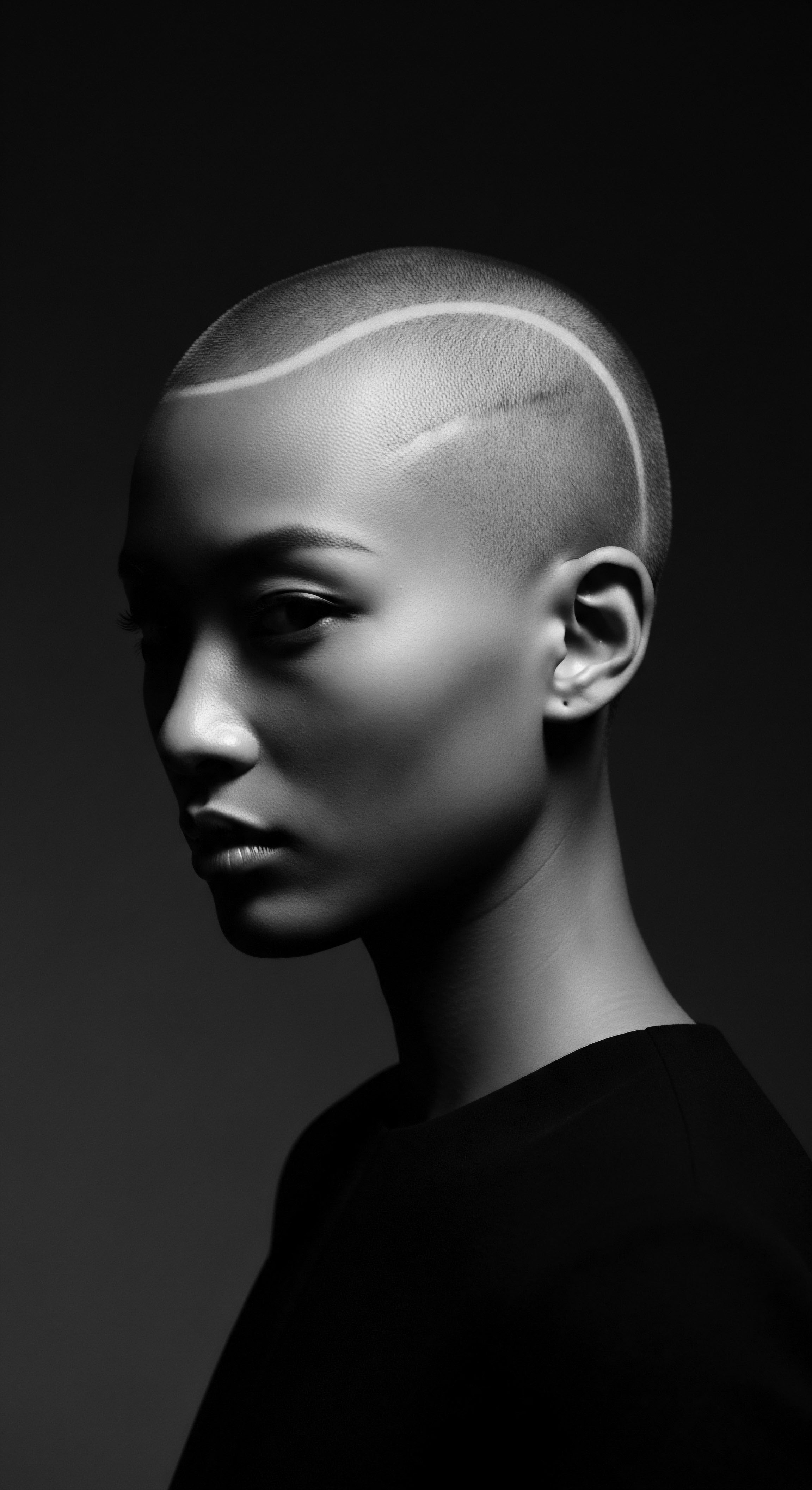 This dramatic monochromatic portrait celebrates the striking beauty of an intentional bald style and distinct hair design. The image highlights empowerment, challenging traditional beauty standards and underscoring the impact of textured artistry and individuality in expressing personal identity and cultural narrative.