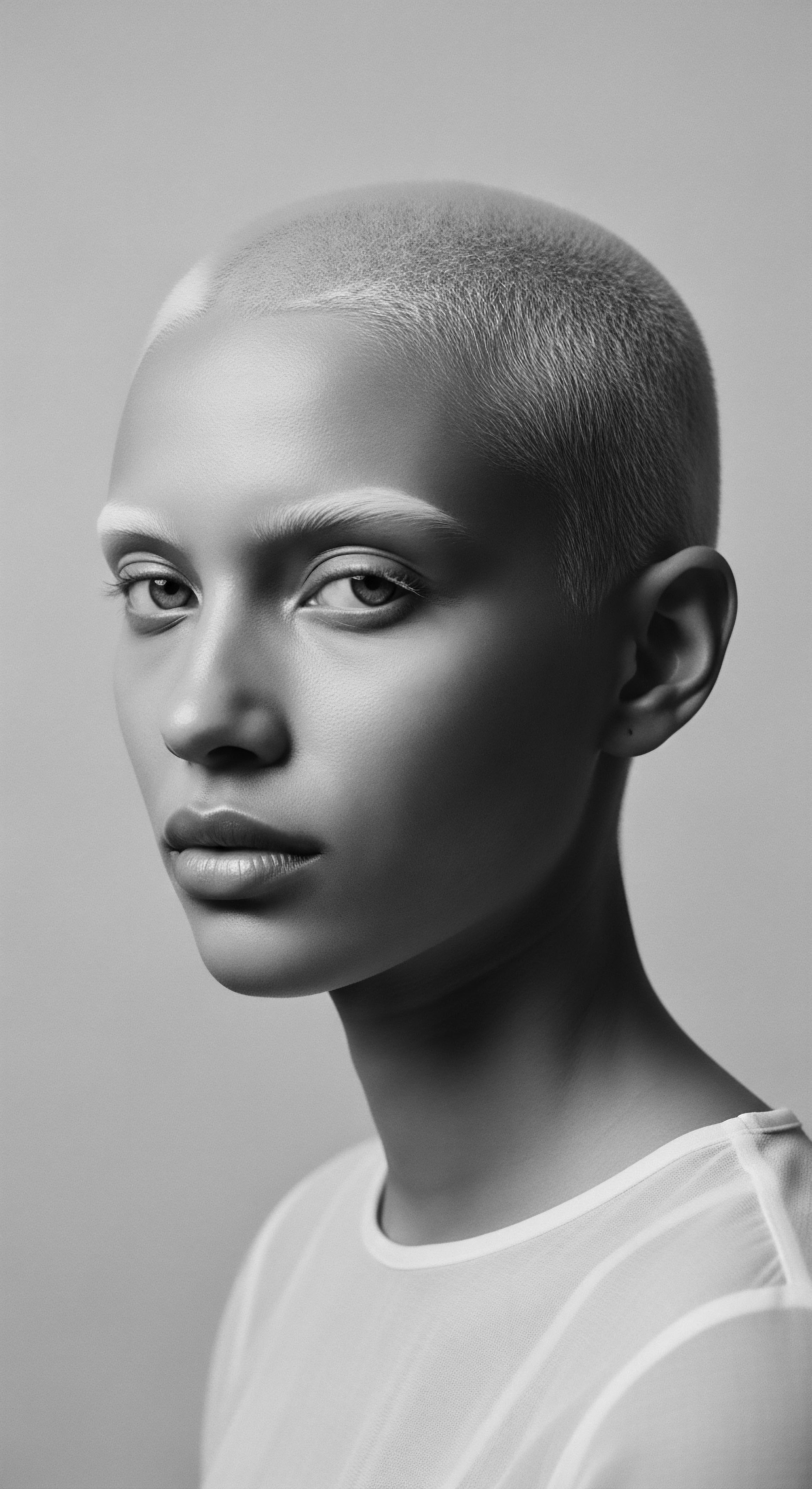 Monochrome Portrait of a Bald Young Woman with Alabaster Skin Tone The monochrome portrait's stark contrasts create a compelling narrative of minimalist beauty, where the bald head celebrates strength, while refined features and illuminated skin evoke resilience and grace, connecting personal identity with empowerment in visual form.