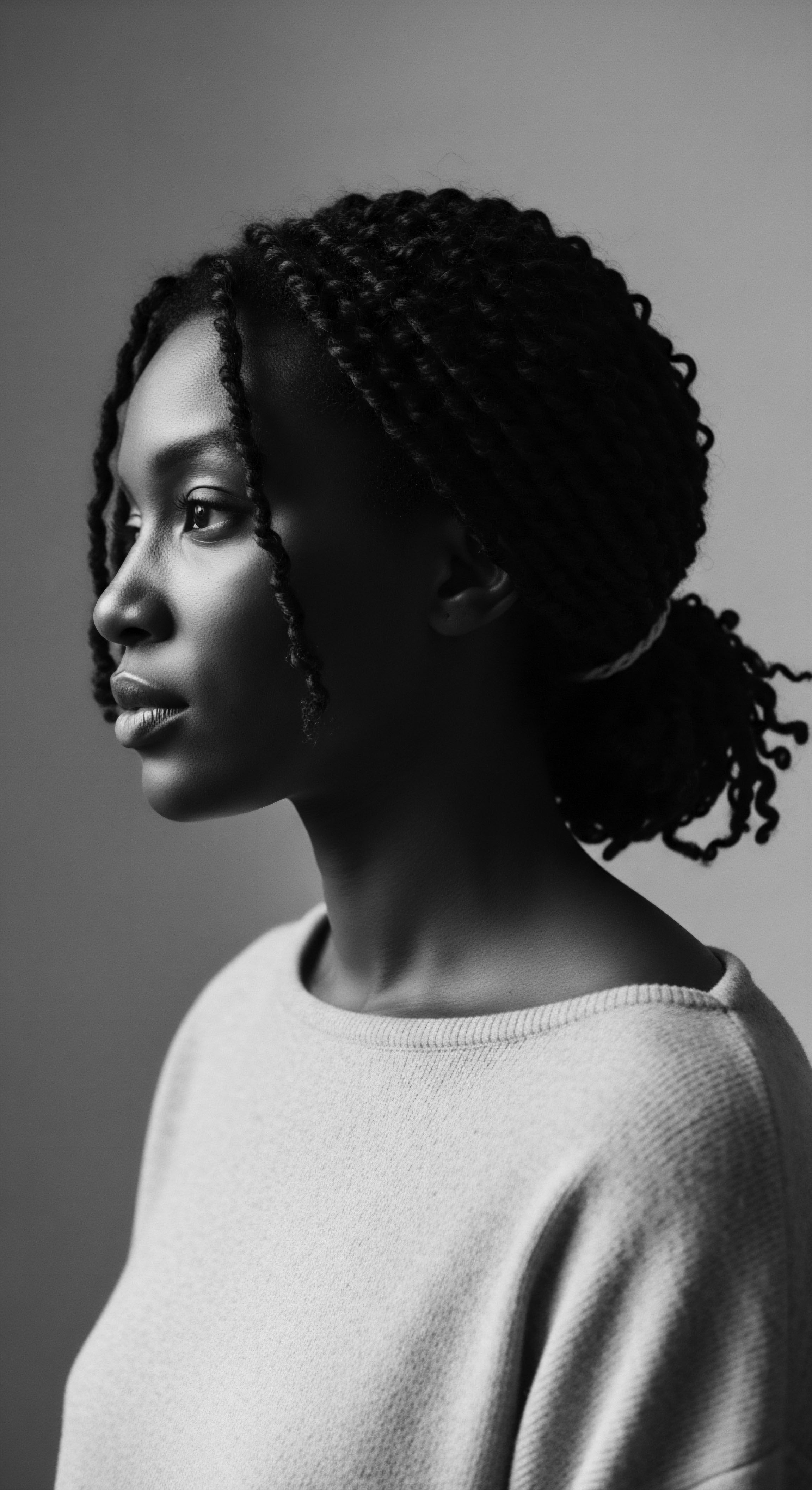 Monochrome Portrait of a Black Woman With Protective Braided Hairstyle The portrait offers a study in contrast and form light dances on skin and hair. Her protective braids frame a quiet grace. It emphasizes strength, beauty, and cultural expression inherent in Black hair traditions and the embracing of natural textured hair formations.