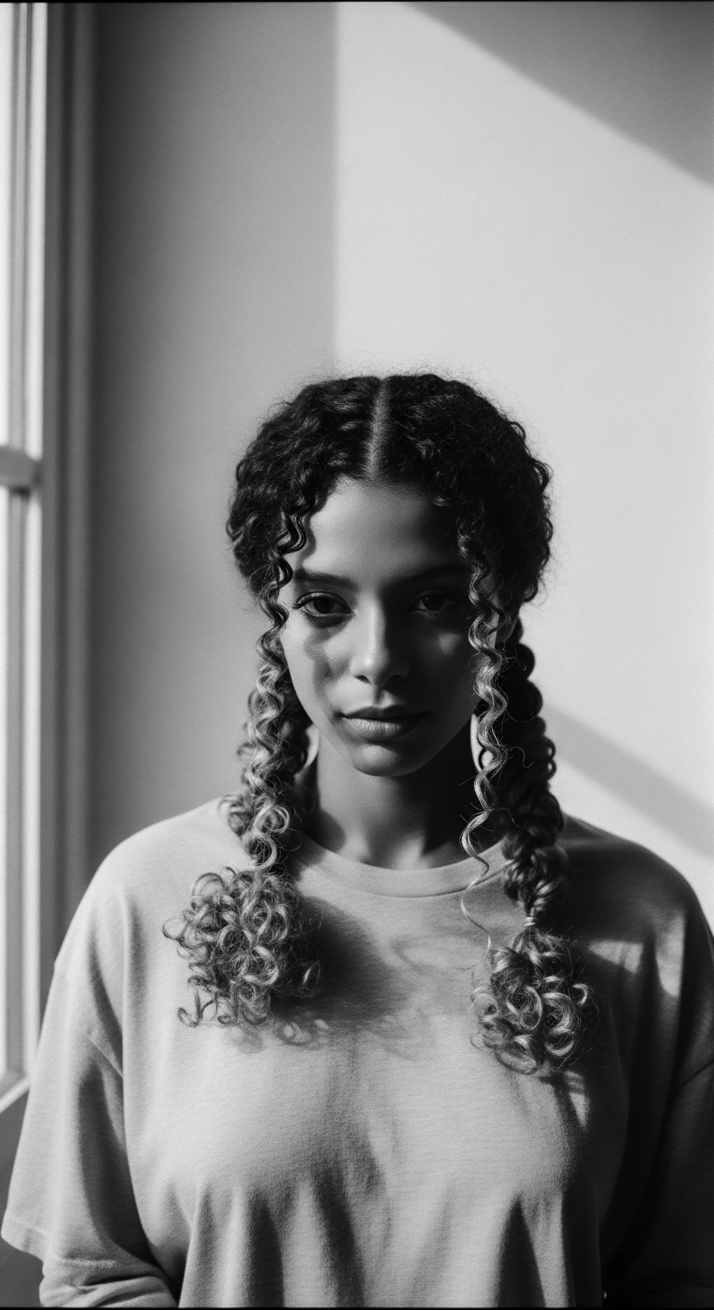 Soft light reveals the beauty of coiled braids in this monochrome portrait. This is a visual narrative exploring nuanced aesthetics, braided coil formations, and the rich tapestry of mixed-race heritage, inviting reflection on ancestral connections and the personalized expression of identity through natural hair textures.