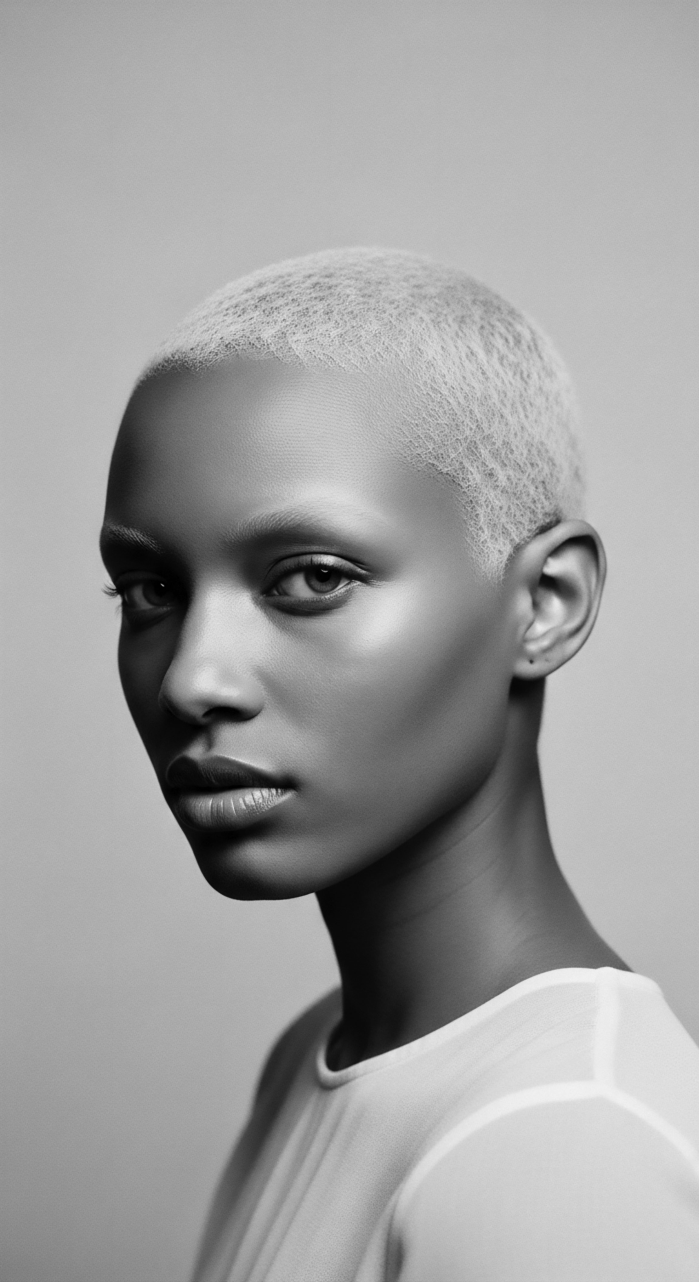Monochrome Portrait of a Person with Short Textured Platinum Blonde Hair Through monochrome artistry, the portrait showcases the interplay of texture and form, emphasizing beauty and confident expression. Highlighting the platinum blonde, short natural texture and smooth skin tones, it invites contemplation on identity, personal style and the power of individual self-expression.
