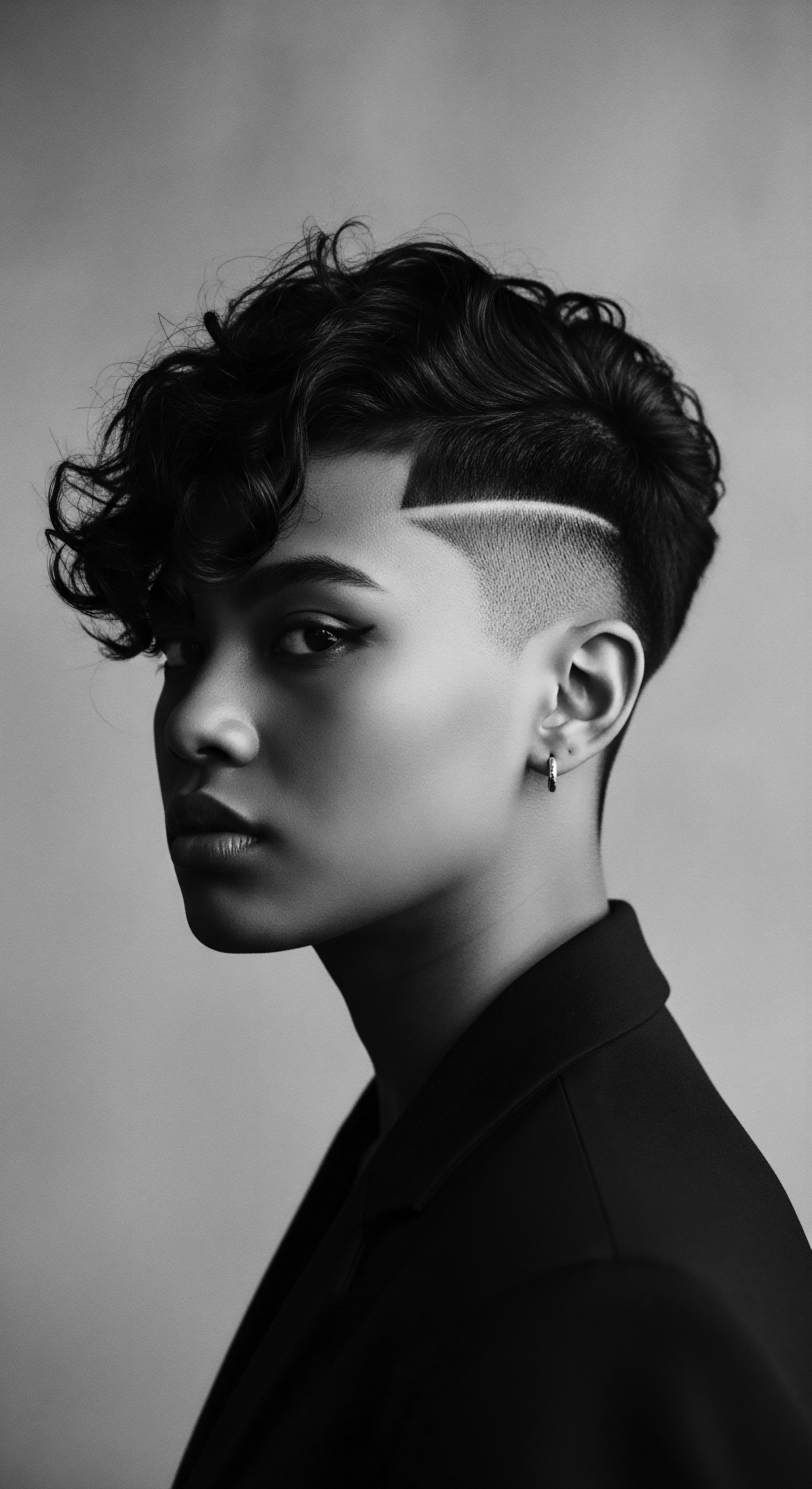 Monochrome Portrait of a Person with Textured Hair and Undercut Design Captured in monochrome, the portrait presents a strong image, showcasing the person's textured hair styled with a bold undercut design, a testament to versatile hair art and identity framed against a soft backdrop, the portrait encapsulates nuanced self-expression.