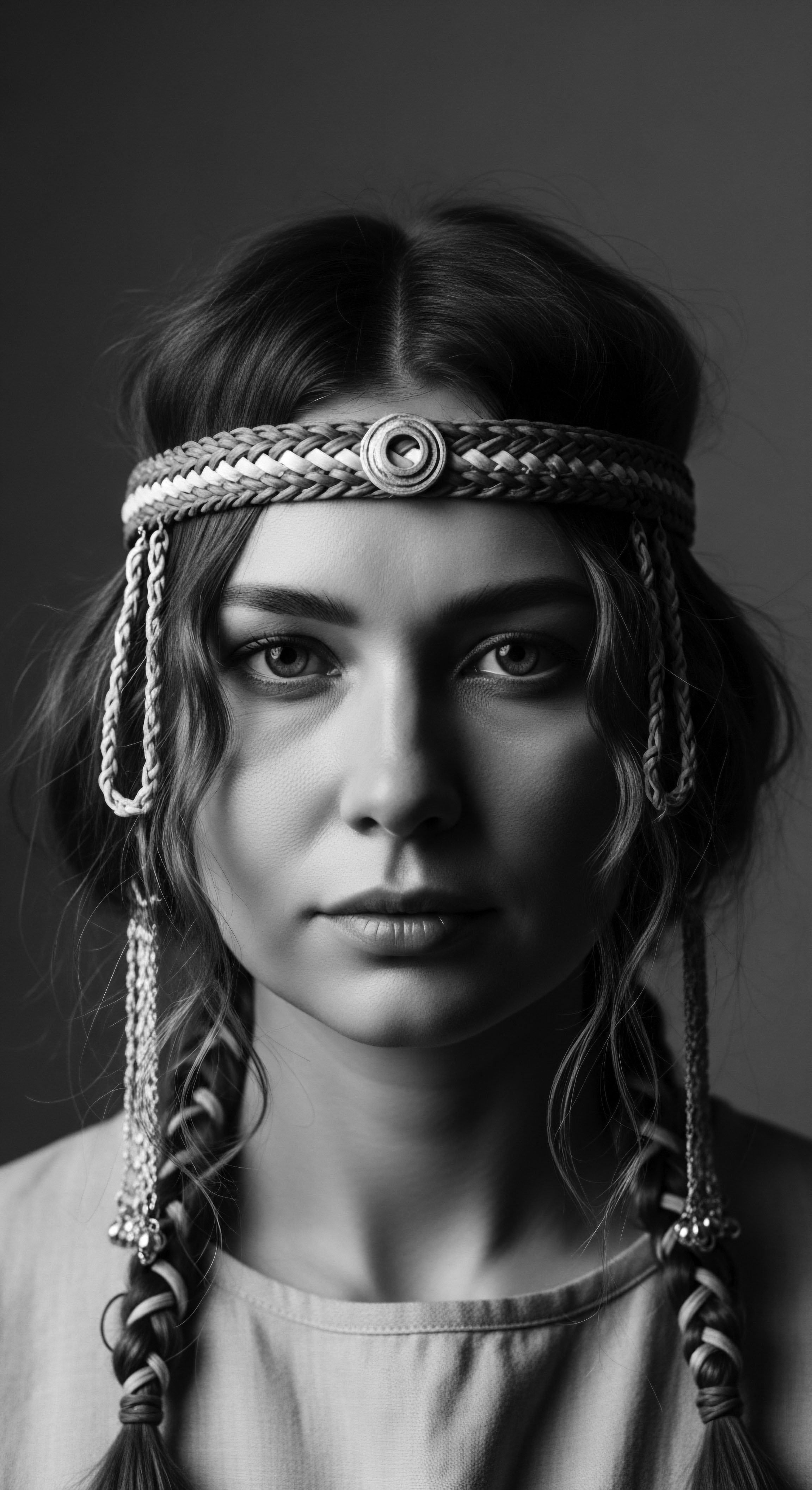 Monochrome Portrait of a Woman Adorned with Braided Headband and Textured Hair The monochrome palette highlights the textures within her hair formations and woven ornaments, evoking a timeless connection to heritage, while the focus on natural elements points towards holistic ideals of beauty and expressive artistry in hair styling rooted in cultural nuance.