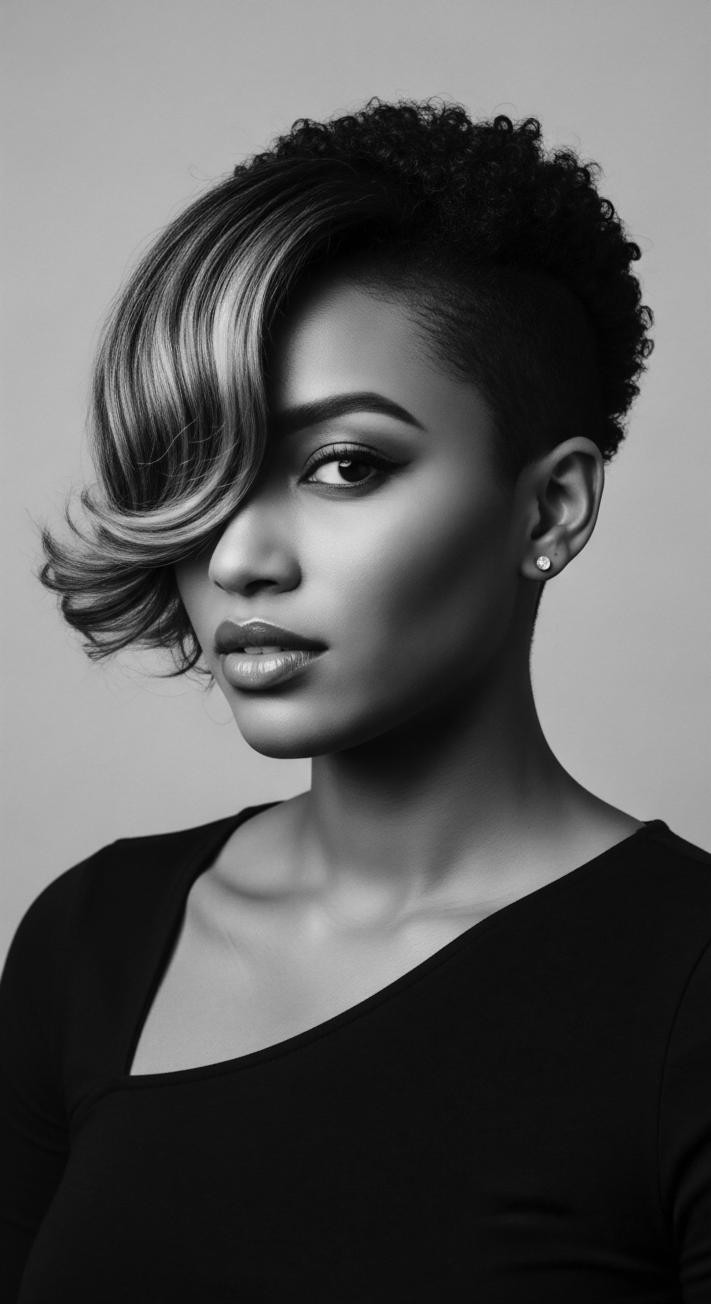 Through monochrome tones, the striking asymmetrical cut and styling highlights the beauty of textured hair, embodying personal expression. The portrait celebrates both bold contemporary fashion and ancestral heritage, while reflecting the nuances of identity and artistic presentation through visual texture and depth.
