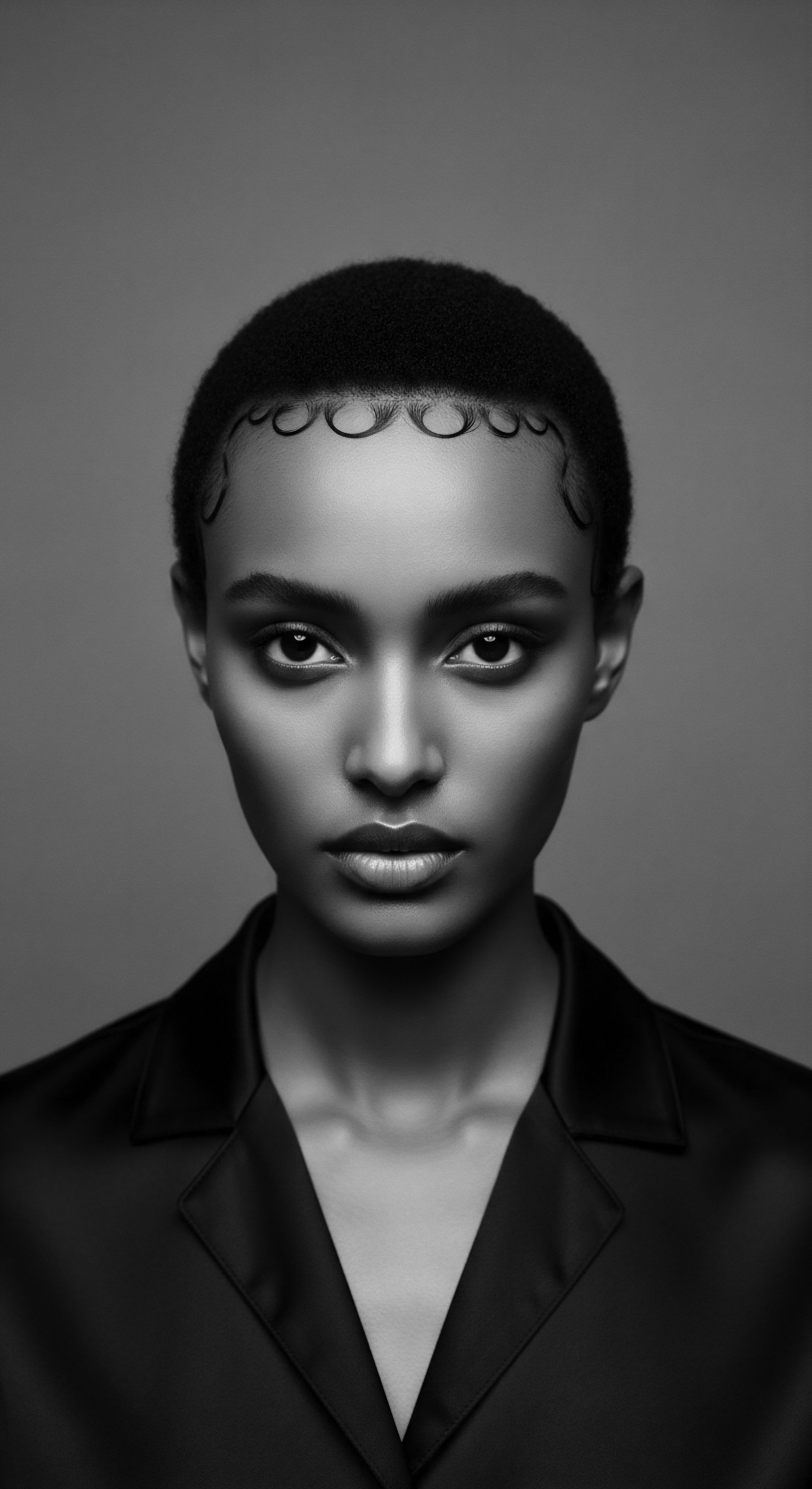 Monochrome Portrait of a Woman Featuring Coiled Hair Styling and Elegance This monochrome portrait emphasizes the beauty of tightly coiled hair formations styled with precision, reflecting ancestral hair traditions and modern aesthetic expression. The stark contrast and poised demeanor accentuate her natural elegance, inviting viewers to contemplate the artistry and cultural richness inherent in textured hair narratives.