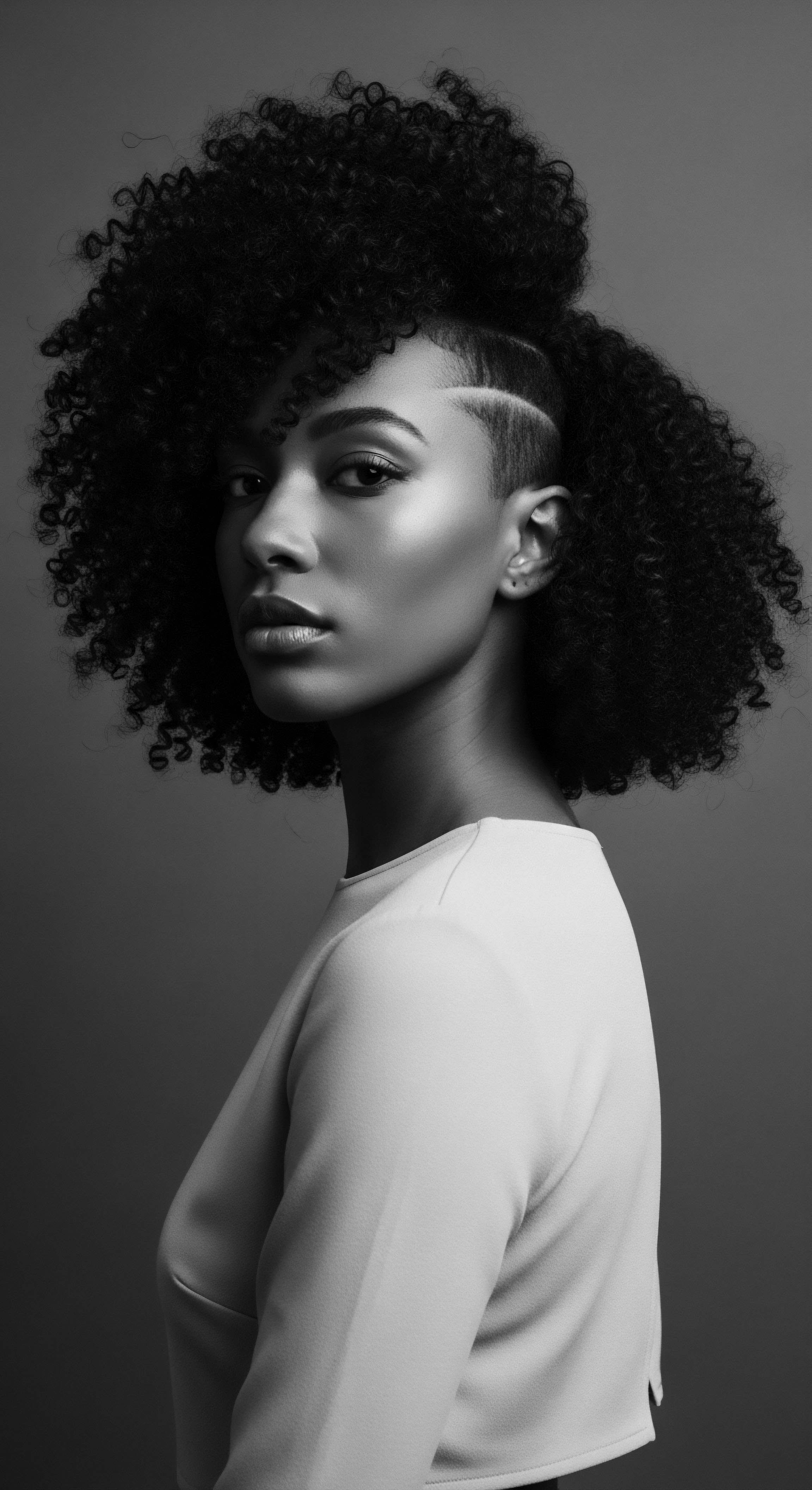 This monochromatic portrait celebrates Afro textured hair, showcasing a blend of modern styling with heritage. The sharp fade and luminous skin create a powerful image emphasizing identity, and artistic expression.