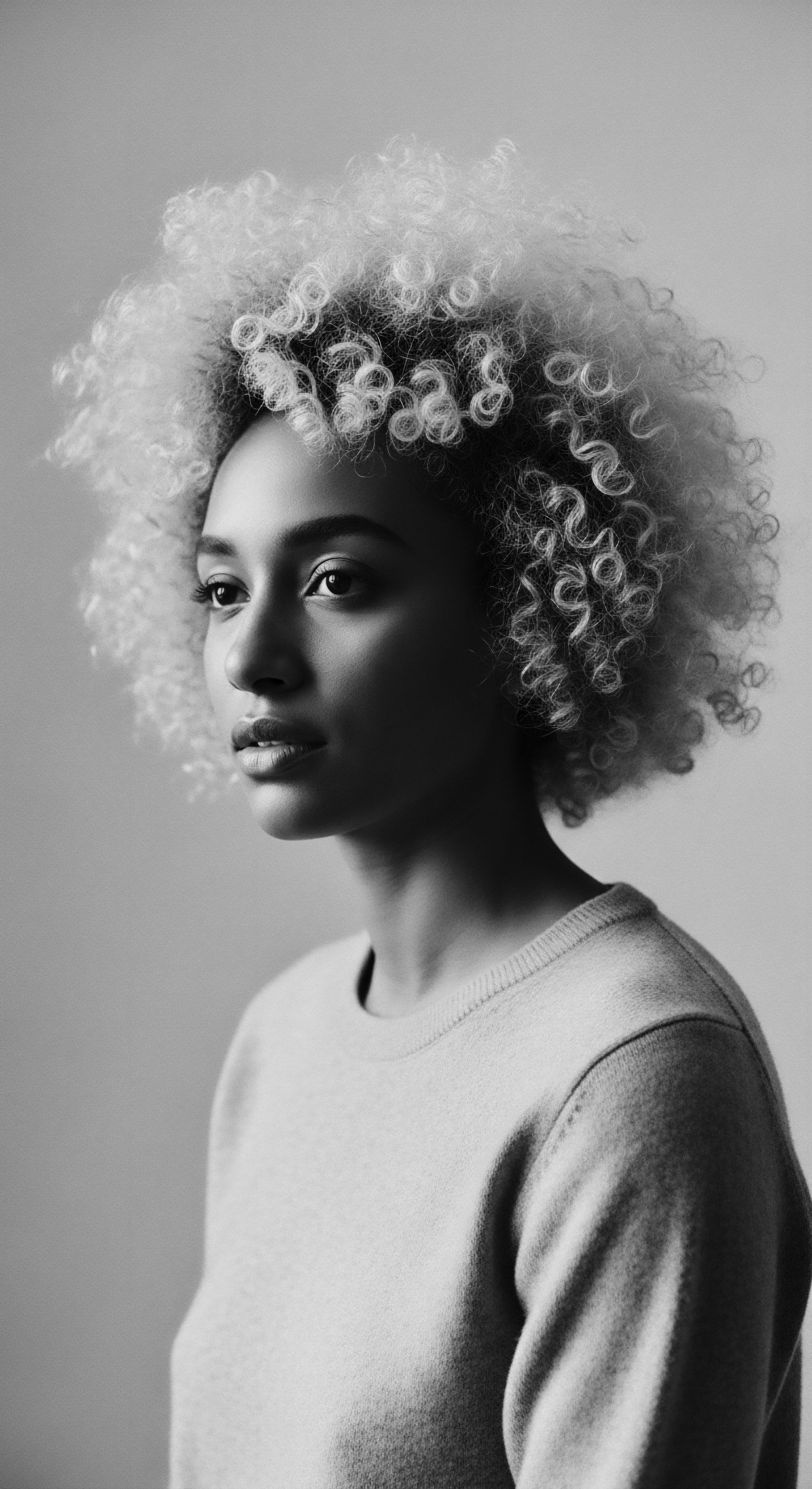 Through delicate monochrome tones, this image captures the poised beauty of a woman framed by her striking coiled hairstyle, a testament to heritage and individual style. The portrait celebrates the unique textured formation while hinting at the deeper narratives held within Black hair traditions.