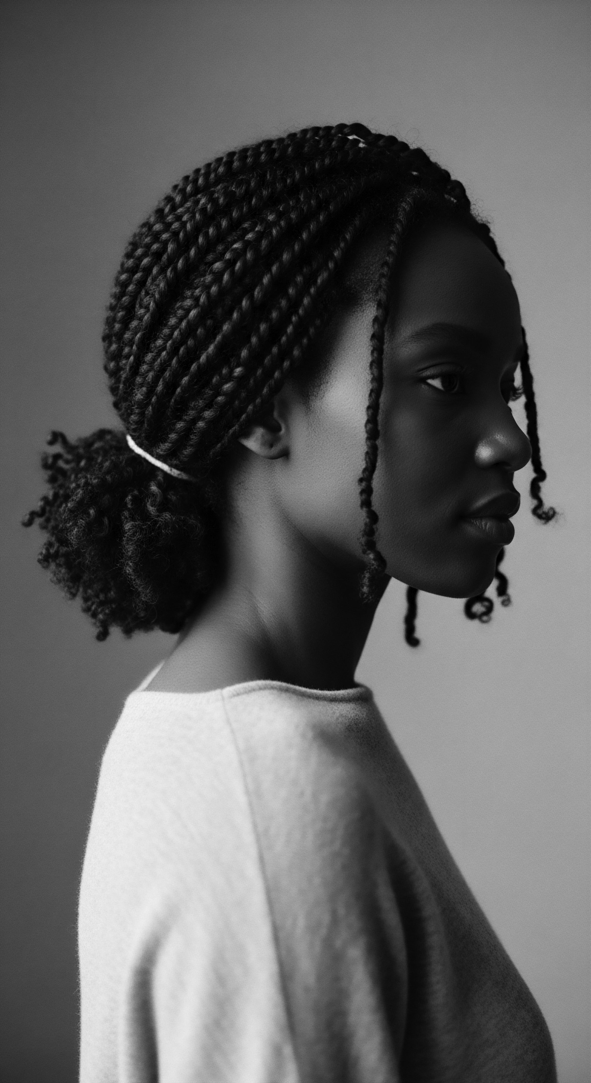 This evocative profile showcases a sleek braided style that respects Black hair traditions. The subject's expression conveys strength and cultural connection. The elegant presentation speaks to holistic hair care practices and the significance of expressive styling as a form of identity affirmation.
