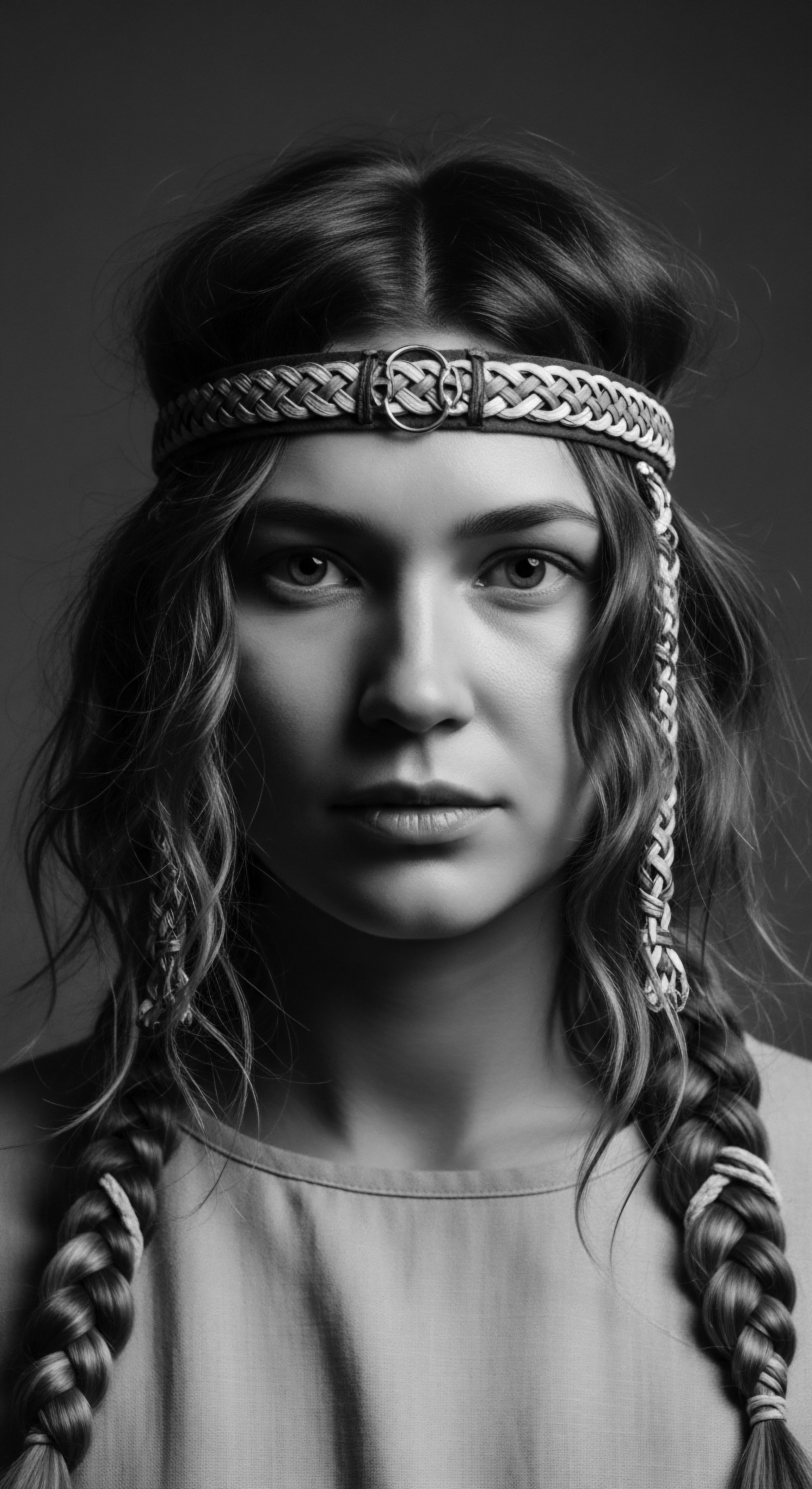 Monochrome Portrait of a Woman with Braided Headband and Textured Hair This captivating portrait showcases the beauty of textured hair accentuated by thoughtfully woven braids and an ornamental headband, illustrating a harmony between personal style and ancestral hair traditions, creating a blend of contemporary aesthetics and timeless cultural artistry.