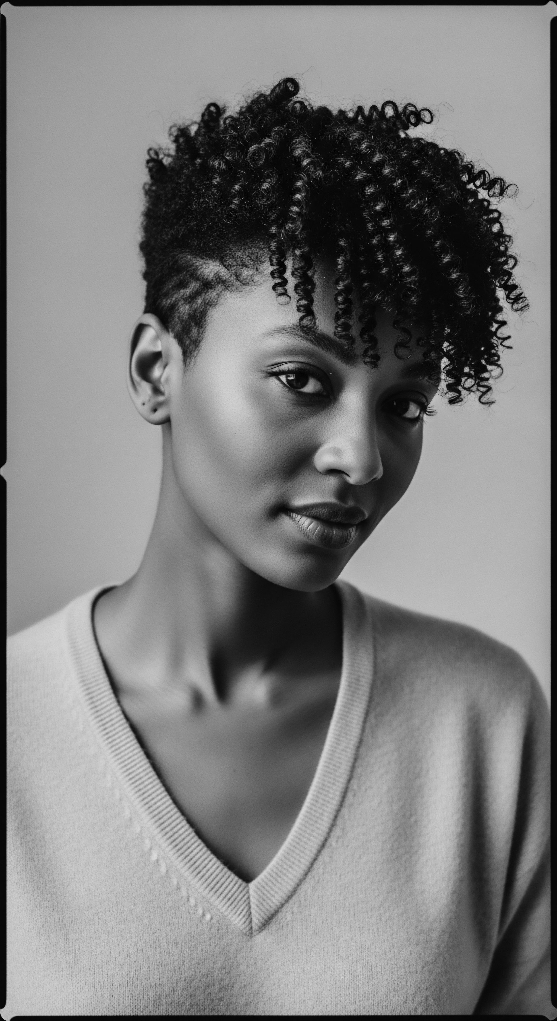 Her confident gaze and signature coiled textured hair, styled with a modern undercut, speaks volumes about the blend of ancestral heritage and expressive styling. This portrait is an ode to natural formations, and individuality, fostering conversations around black hair traditions.