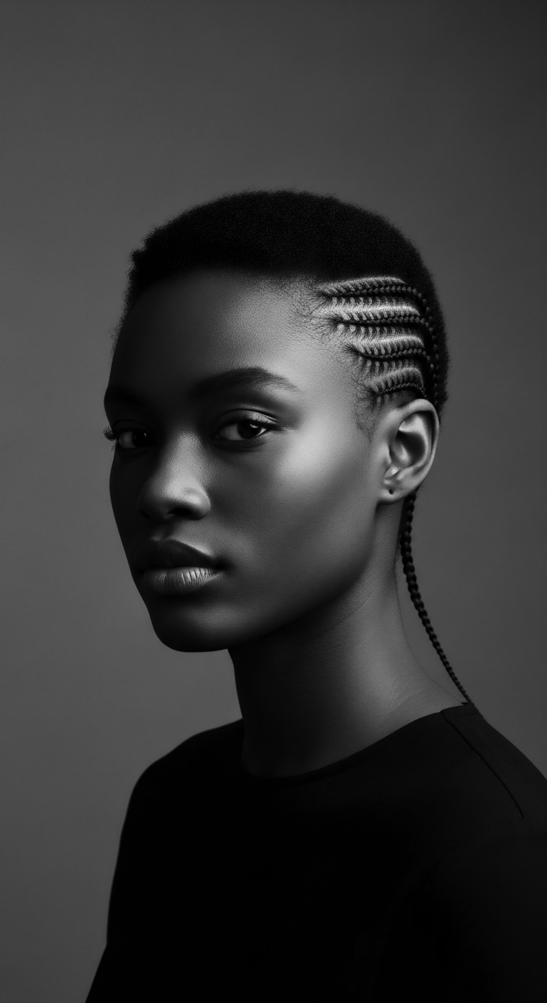 Monochrome Portrait of a Woman with Cornrow Braids and Natural Hair In monochrome, the woman's cornrows and natural hair become a visual testament to time-honored braiding techniques and contemporary style expressions. This portrait blends ancestral heritage with modern aesthetics enhancing the inherent beauty and versatility of textured hair formations.