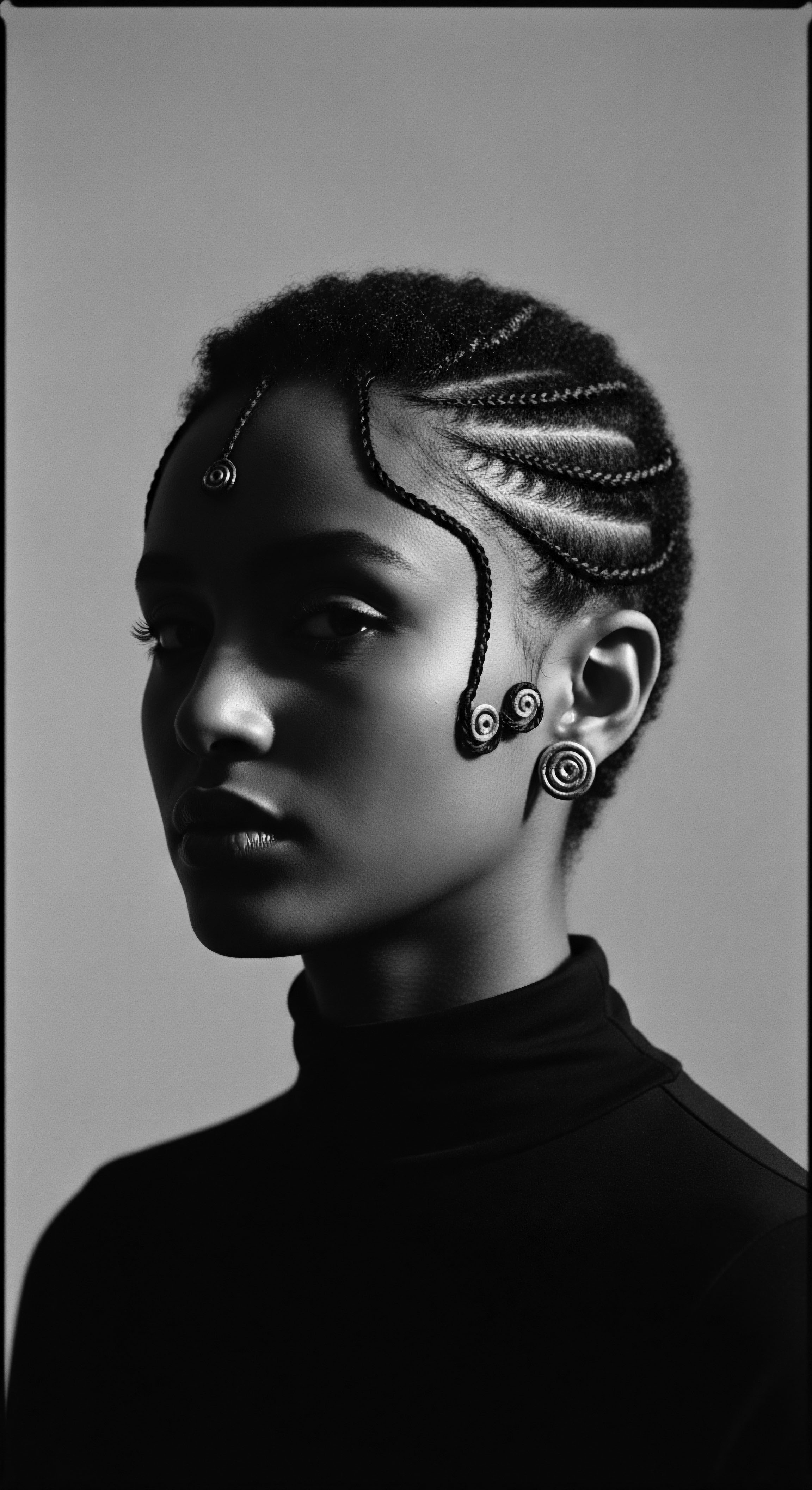 Monochrome Portrait of a Woman with Elaborate Braids and Spiral Adornments The stark contrast of monochrome emphasizes the textures and formations within this braided hairstyle, enriched with spiral accents. It honors black hair traditions while showcasing individuality, offering viewers an intimate glimpse into the art of expressive styling and its cultural significance.
