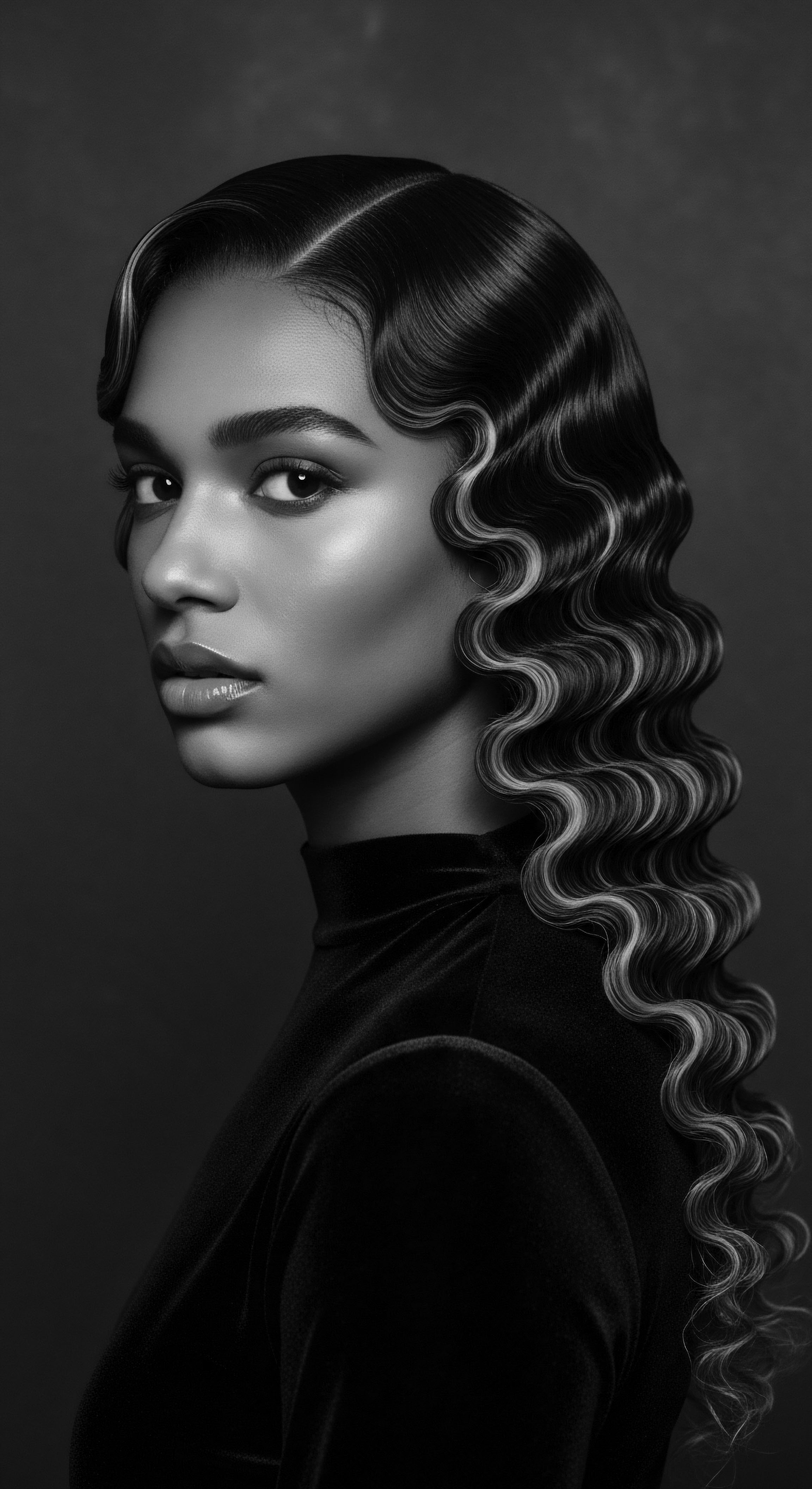 Monochrome Portrait of a Woman with Exquisite Finger Wave Hairstyle The high contrast portrait captures the elegance of vintage finger waves, skillfully styled to accentuate the woman's features and showcase her heritage, offering a glimpse into beauty traditions that celebrate textured hair, demonstrating precision and artistry in a modern context and honoring holistic ancestral techniques.