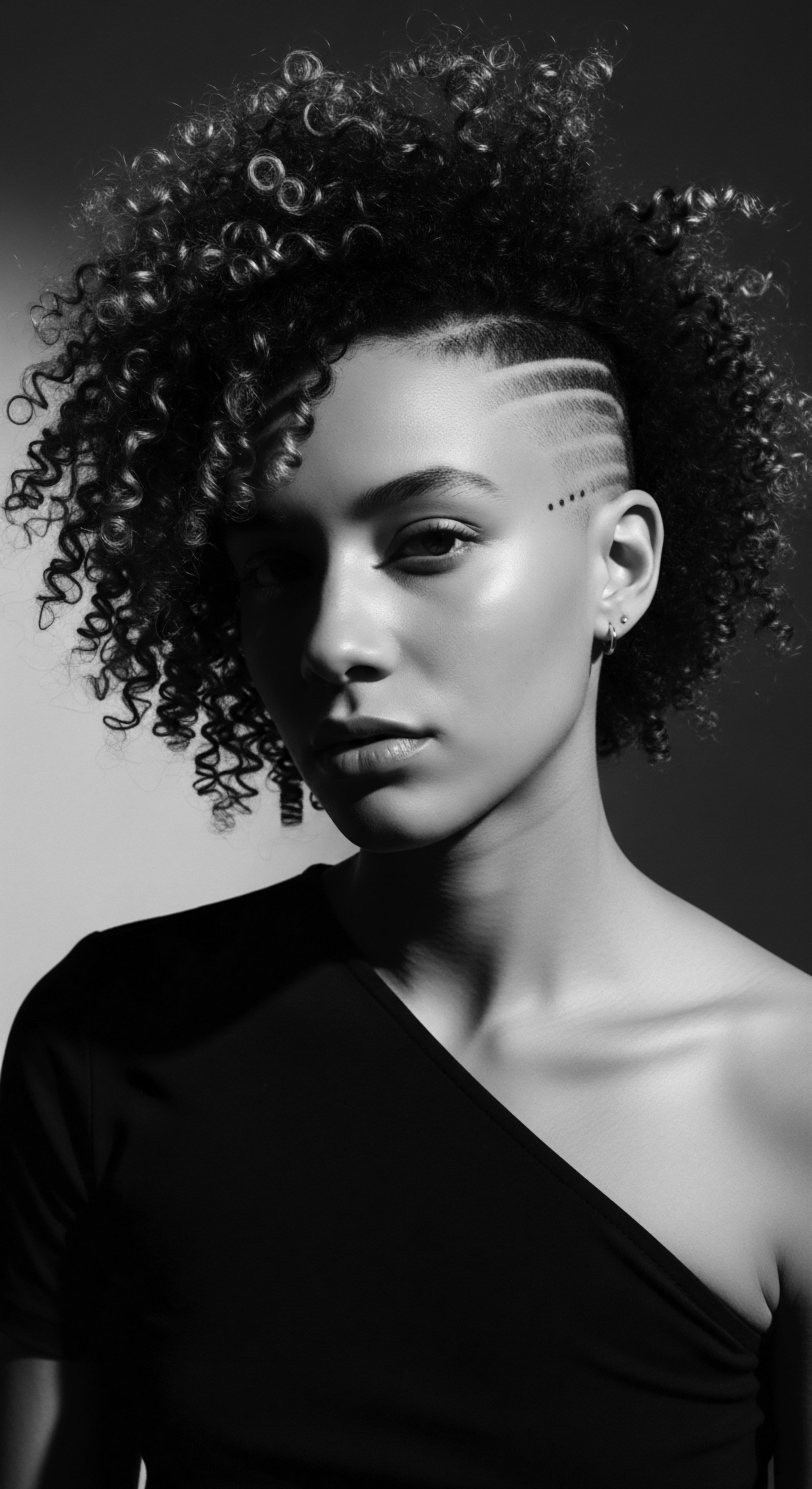 Monochrome Portrait of a Woman with High-Contrast Coiled Hair and Undercut The interplay of light and shadow highlights the intricate coiled hair formation and the sharp lines of the undercut, creating a compelling visual dialogue between ancestral heritage and modern hairstyling. Her gaze invites contemplation on identity, beauty, and the empowering act of self-definition through unique textured hair artistry.