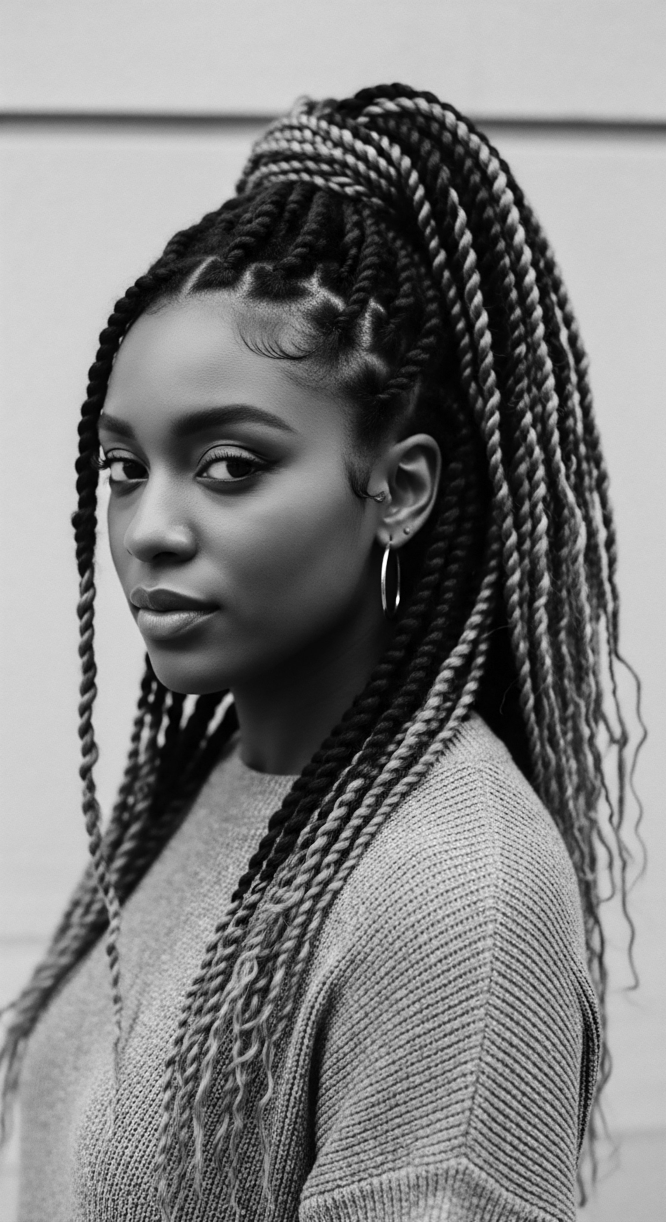 Monochrome Portrait of a Woman with Intricate Braided Hairstyles and Hoop Earrings This evocative portrait celebrates the beauty and artistry of textured hair, where complex braids become a visual language, expressing personal style and heritage while framing the woman's dignified gaze, inviting viewers to contemplate cultural identity through hair expression.