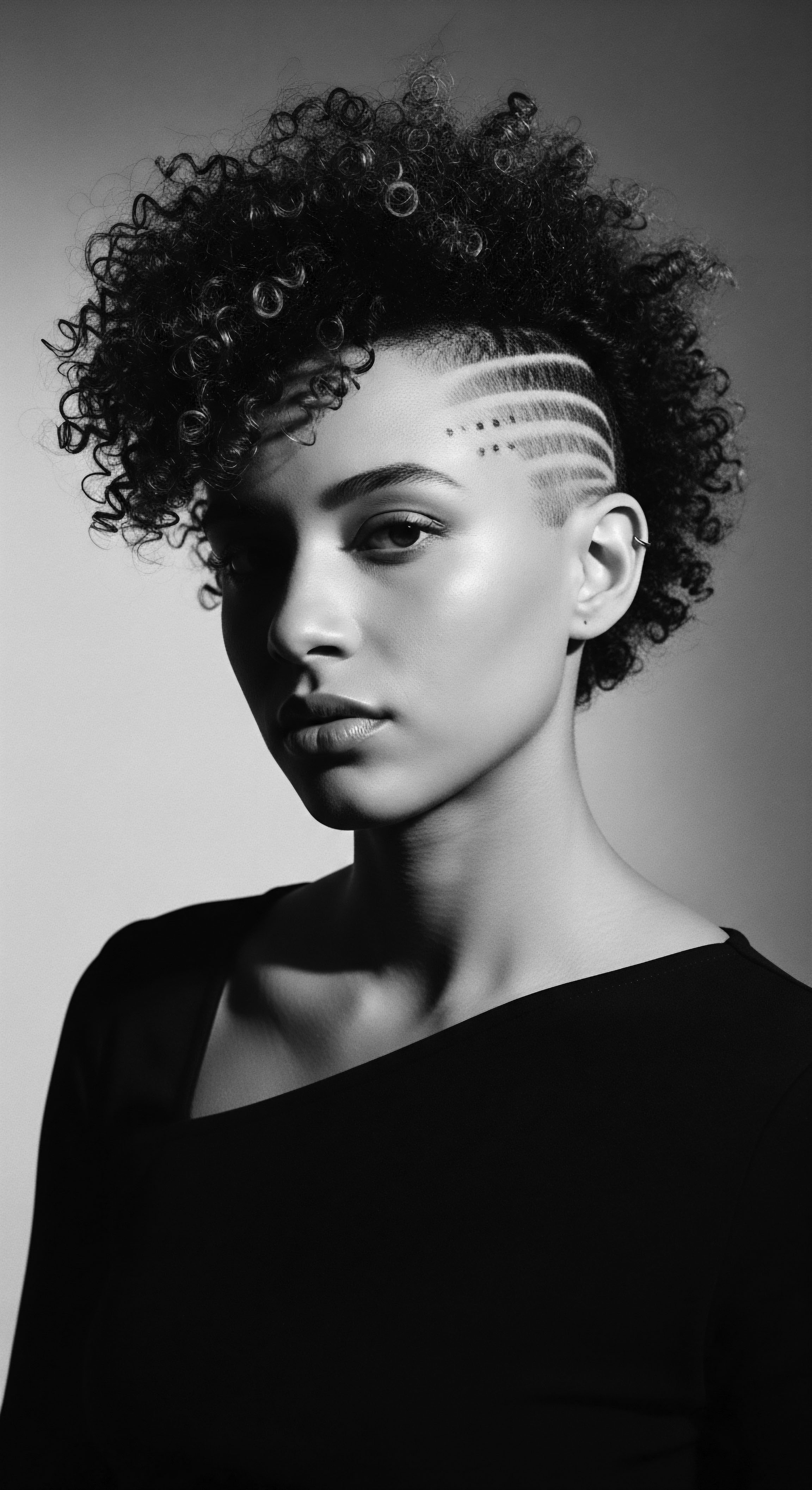 Striking black and white portrait shows a woman with a textured, coiled hairstyle and a stylized undercut, featuring precise lines and dot patterns, emphasizing her unique self expression. The artistic interplay of light and shadow highlights the nuanced texture, ancestral heritage, and individuality through expressive styling of her natural hair formation.