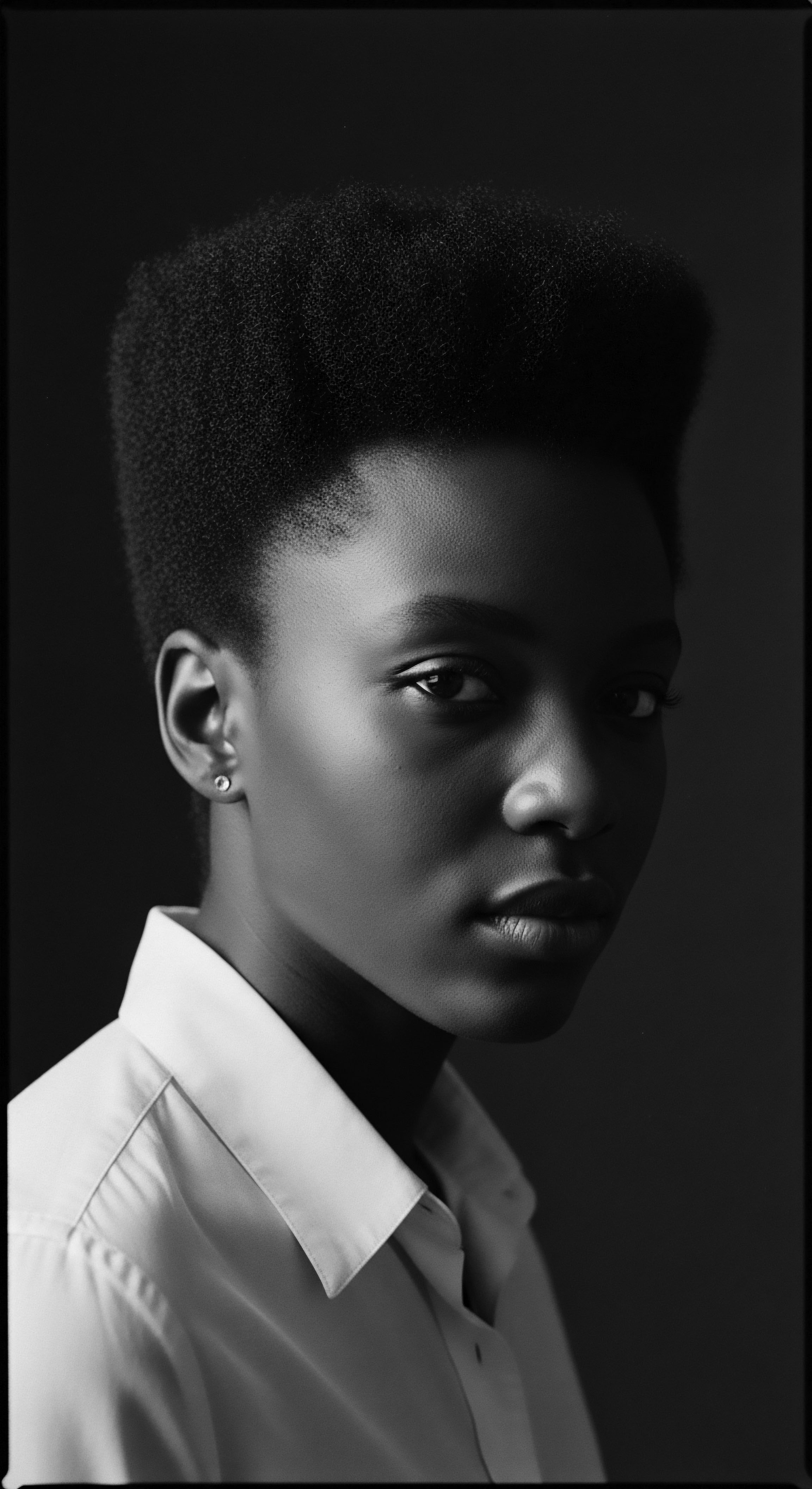 The image presents a poignant study in light and form, showcasing the woman's inherent beauty and natural afro texture. The classic monochrome palette emphasizes her striking features, symbolizing resilience and embracing ancestral heritage through her unique textured hair formation.