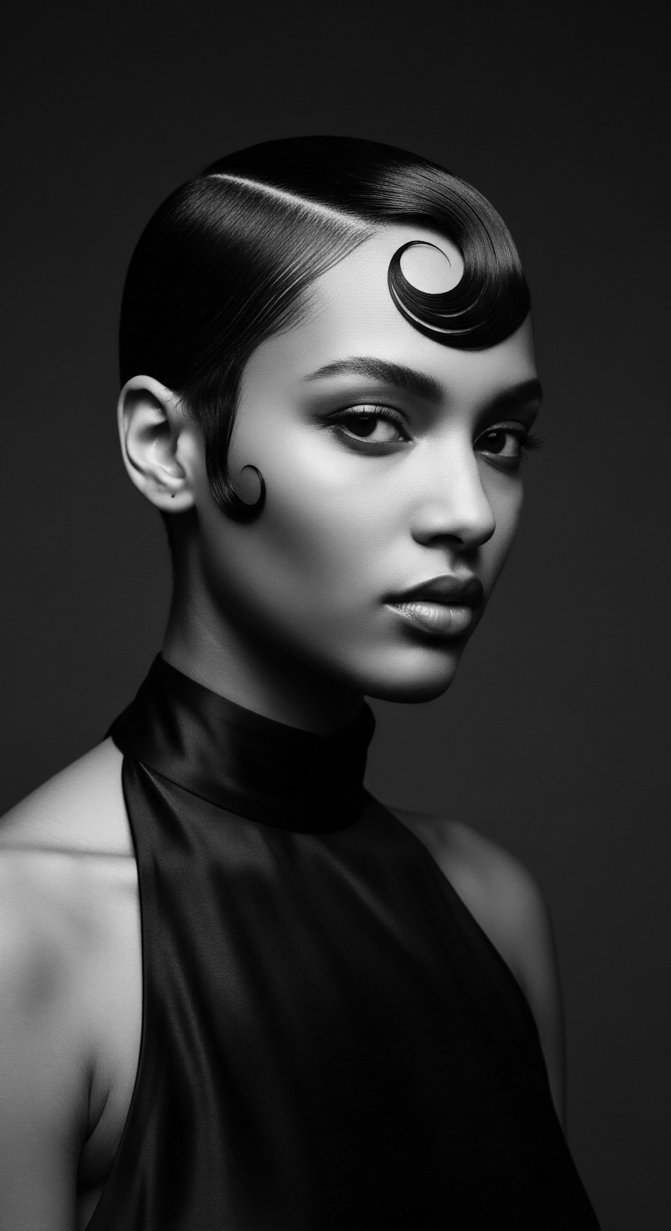 This image evokes vintage glamour, showcasing sculpted Afro textured hair achieved through masterful styling. The dramatic contrast and precise hair formations emphasize the timeless elegance of this ancestral heritage inspired look, celebrating both the beauty and cultural expression inherent in textured hair artistry.