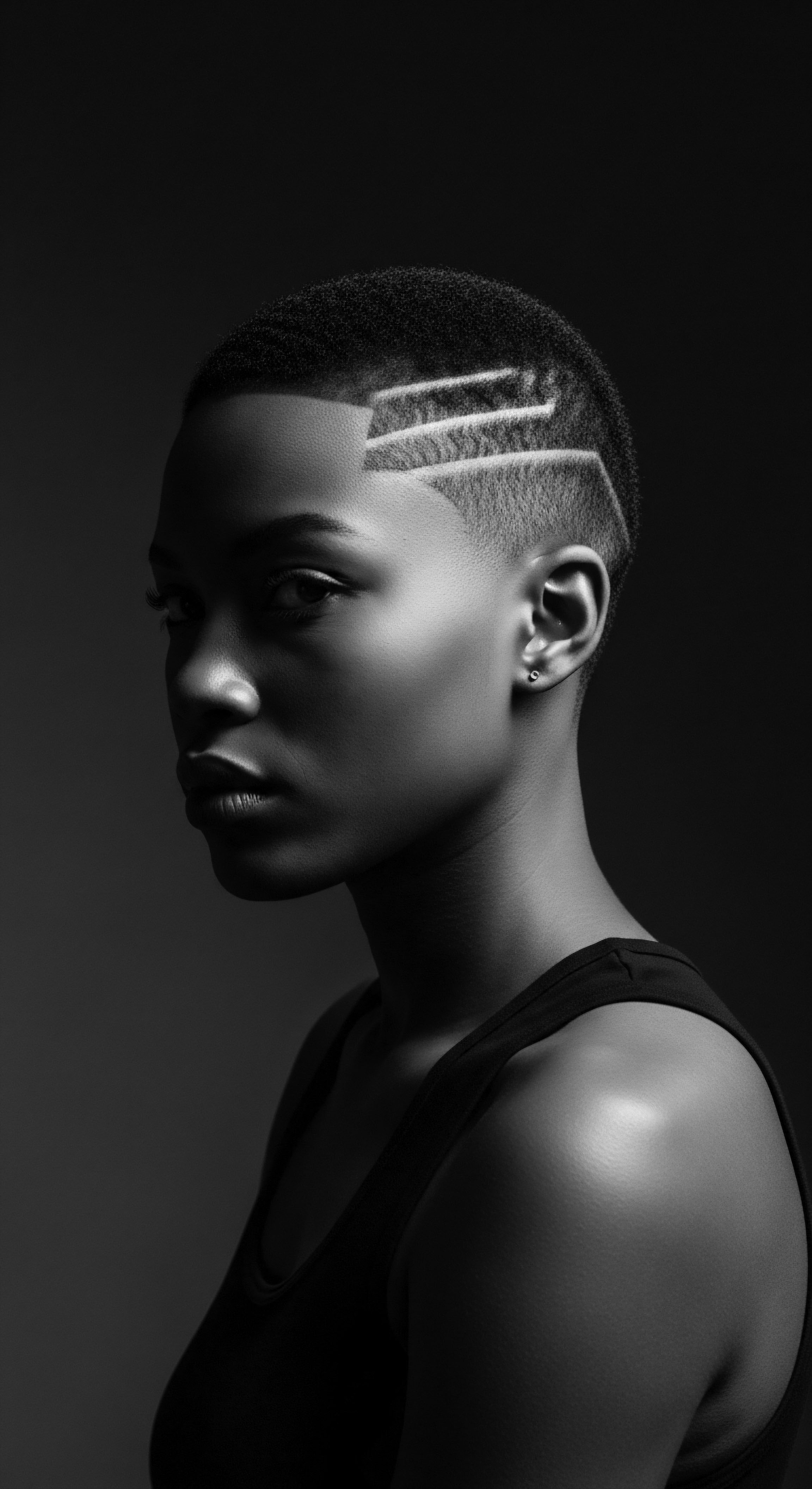 A monochrome portrait captures a young woman with sculpted, short textured hair showcasing precise geometric patterns. Dramatic lighting accentuates facial contours and her assertive gaze. Black tank top complements the intimate composition, highlighting her neck line, the bold symmetry reflects modern self expression in coily hair styling.