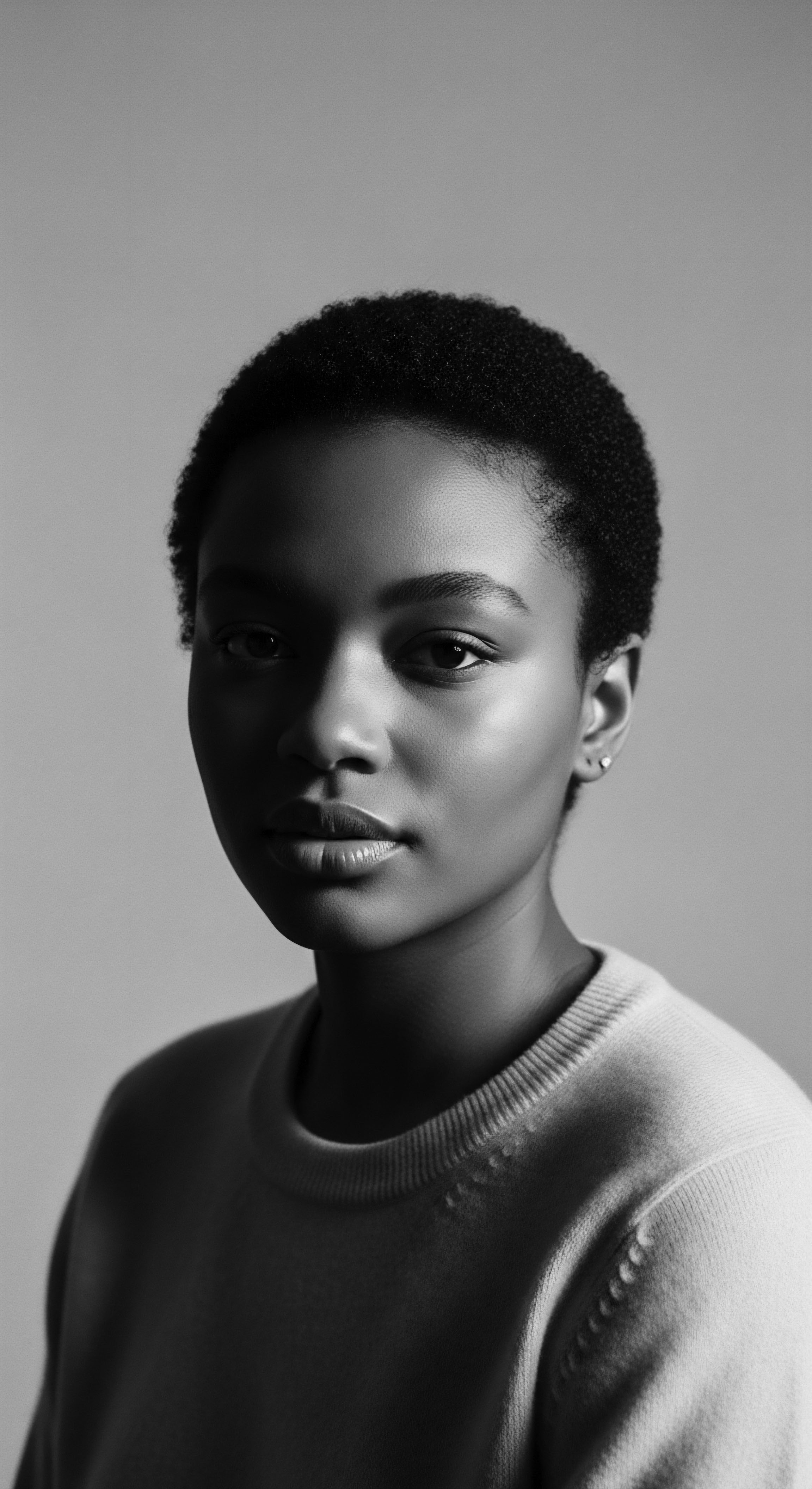 Monochrome Portrait of a Woman With Short Afro Textured Hair This contemplative monochrome image captures the essence of natural beauty and the inherent power of short, afro textured hair. Emphasizing its unique spring and volume, this style choice mirrors a celebration of ancestral expression and confidence.