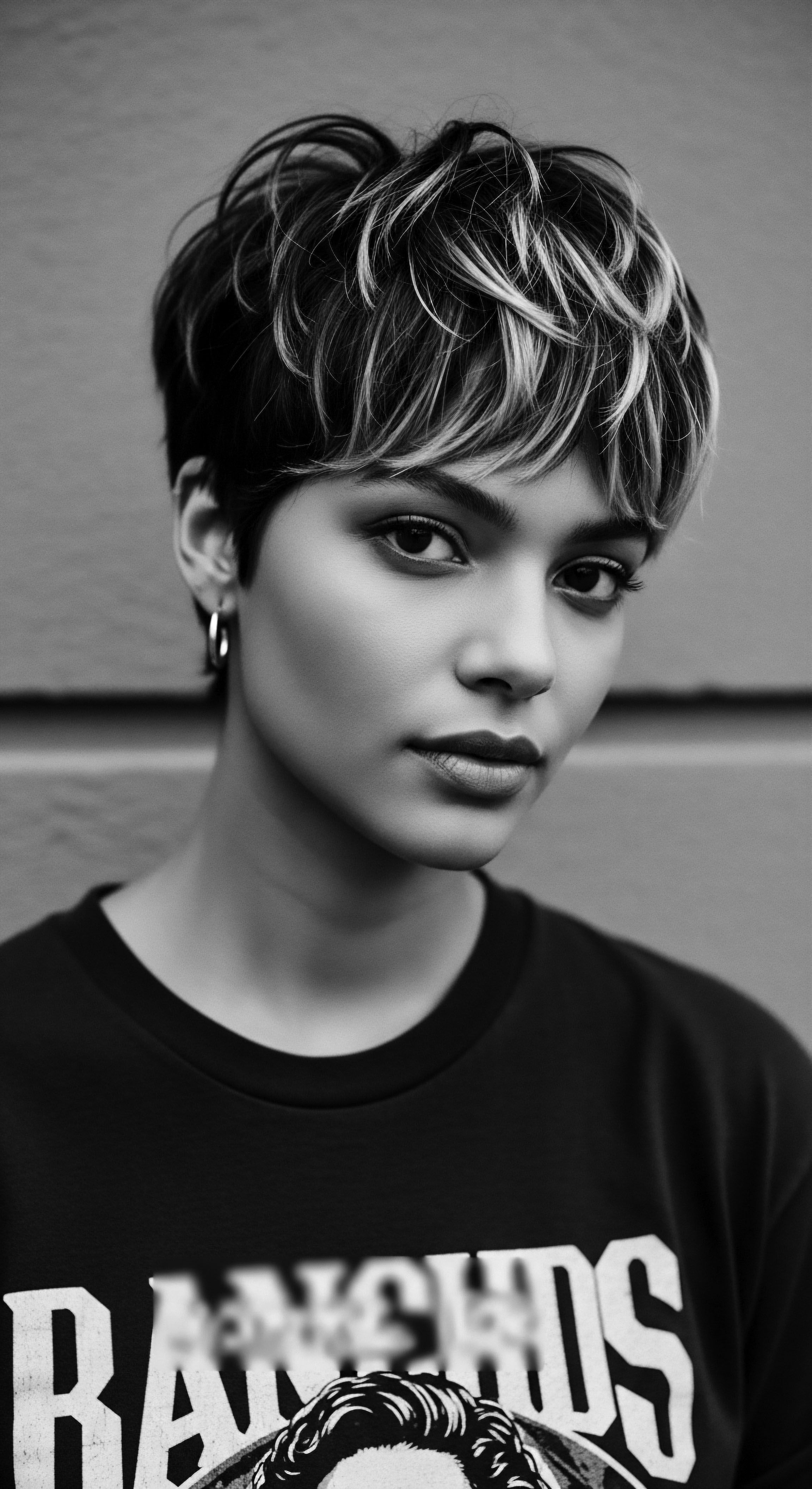 This stark monochrome portrait captures the essence of modern style with a bold, textured haircut, revealing the woman's personal story and showcasing her confidence. The short highlights create movement and dimension, celebrating modern textured hair expression.