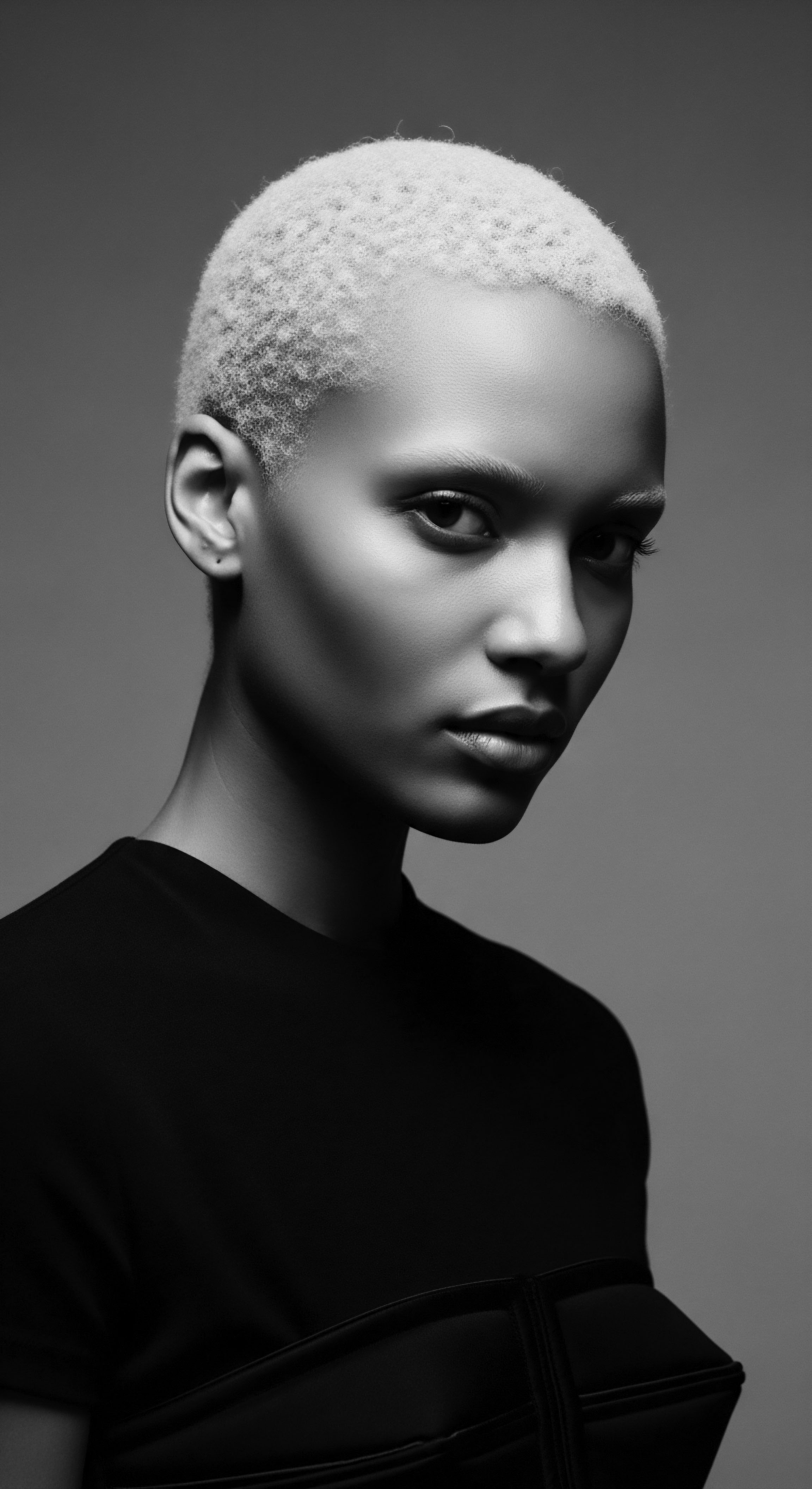A striking black and white portrait showcases a woman with a closely cropped, platinum-blonde, textured hairstyle. The interplay of light and shadow defines her features, emphasizing the distinct coil-like formations of her hair and its stark contrast to the dark attire, reflecting modern black hair aesthetics.