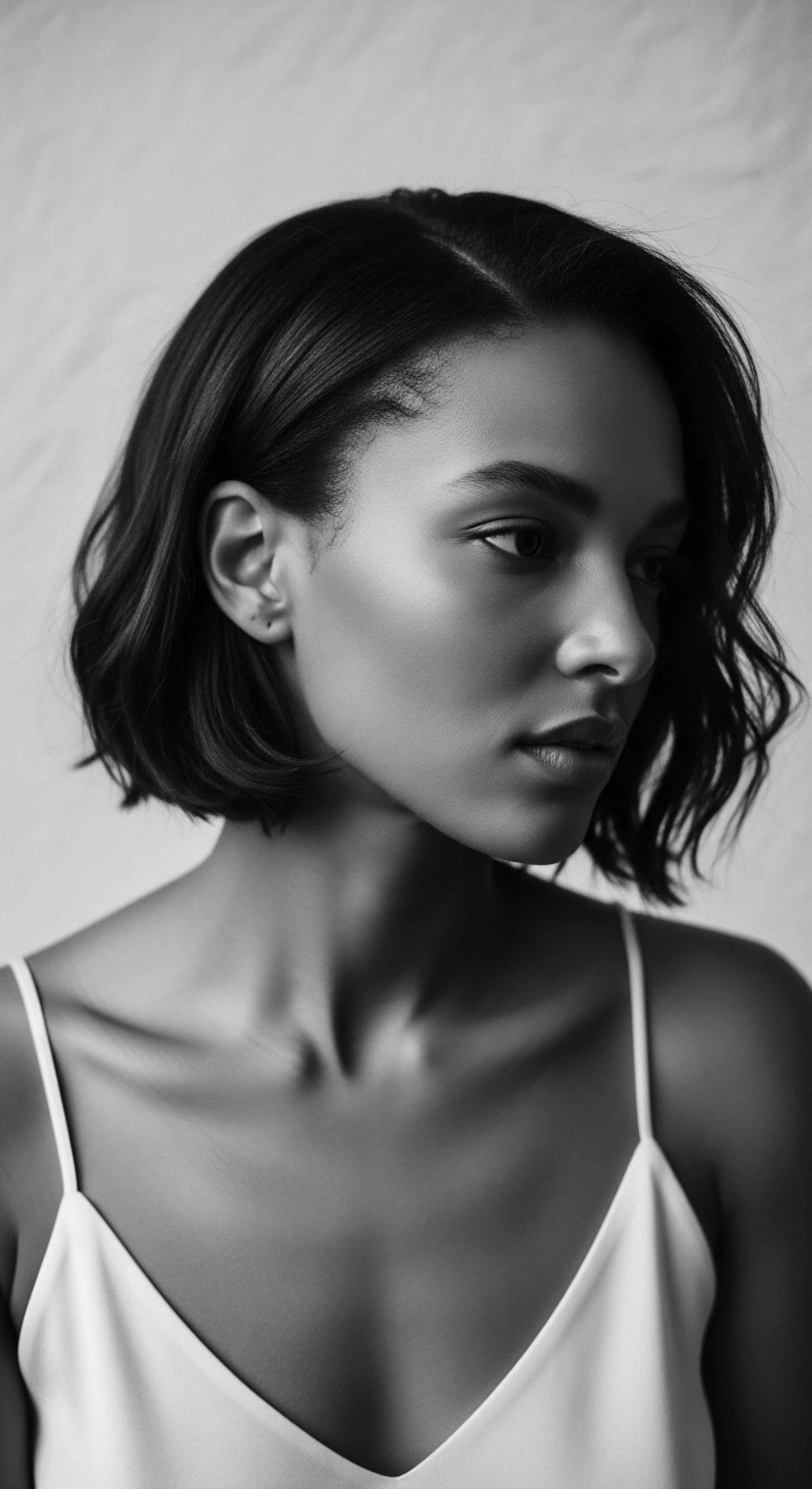 Monochrome Portrait of a Woman With Short Wavy Bob Hairstyle This striking black and white portrait celebrates the woman’s unique beauty, enhanced by the soft texture of her wavy hairstyle, emphasizing the elegance of the natural curl pattern and thoughtful expression, evoking a sense of graceful strength and inner peace.