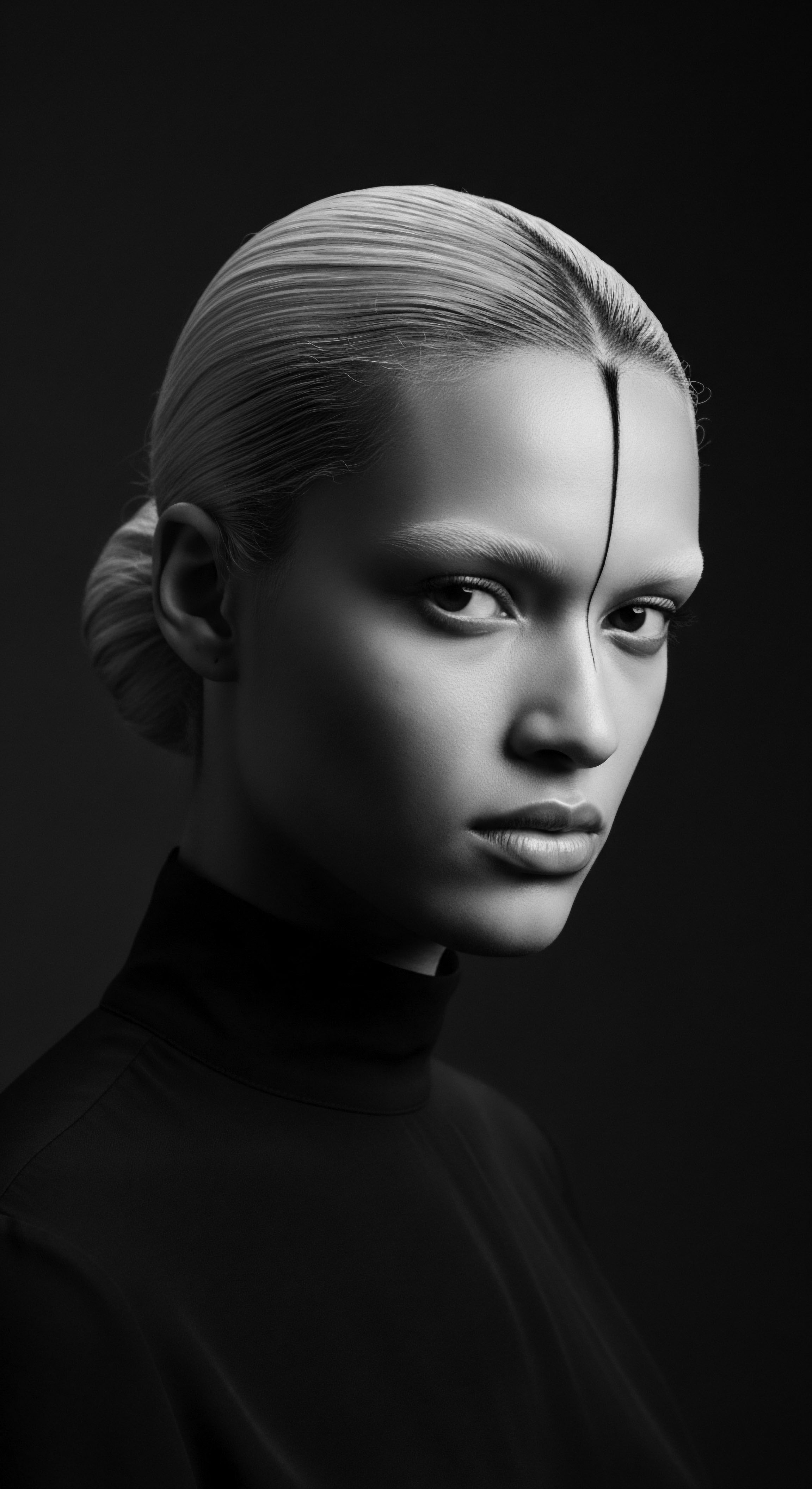 Monochrome Portrait of a Woman with Sleek Bun and Dramatic Makeup The monochromatic studio shot captures the compelling stare of a woman, enhanced by expertly applied makeup and a sleek hairstyle, creating a powerful visual narrative around self-expression and style. Her singular hairstyle accentuates her features.