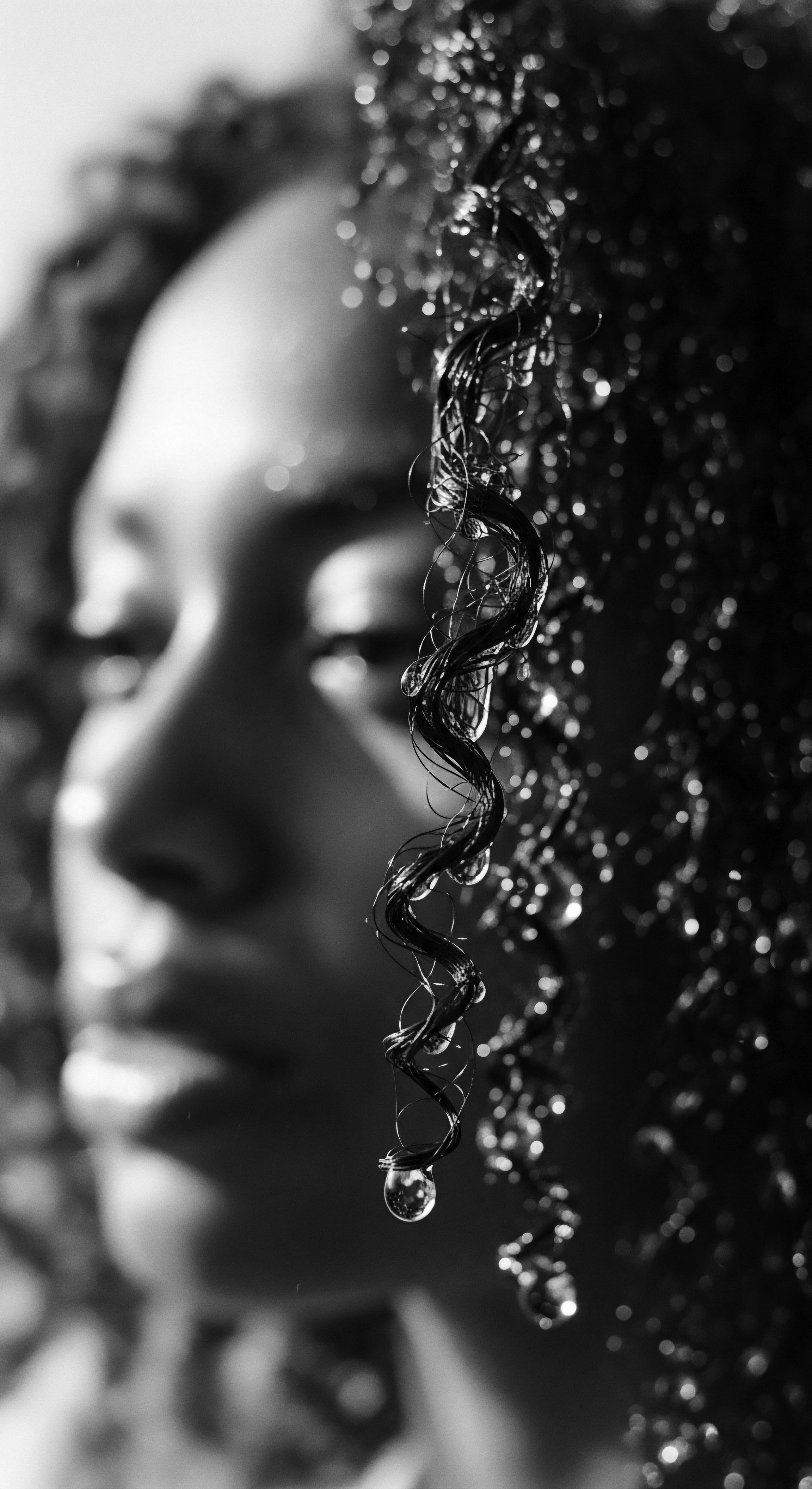 Monochrome Portrait of a Woman with Textured Hair Adorned with Water This evocative image explores the harmonious blend of natural beauty and the life-giving element of water, celebrating the resilience and organic elegance of textured Black hair. The monochromatic treatment draws attention to the depth of tone and the intricate formation of each glistening strand, a testament to ancestral heritage.