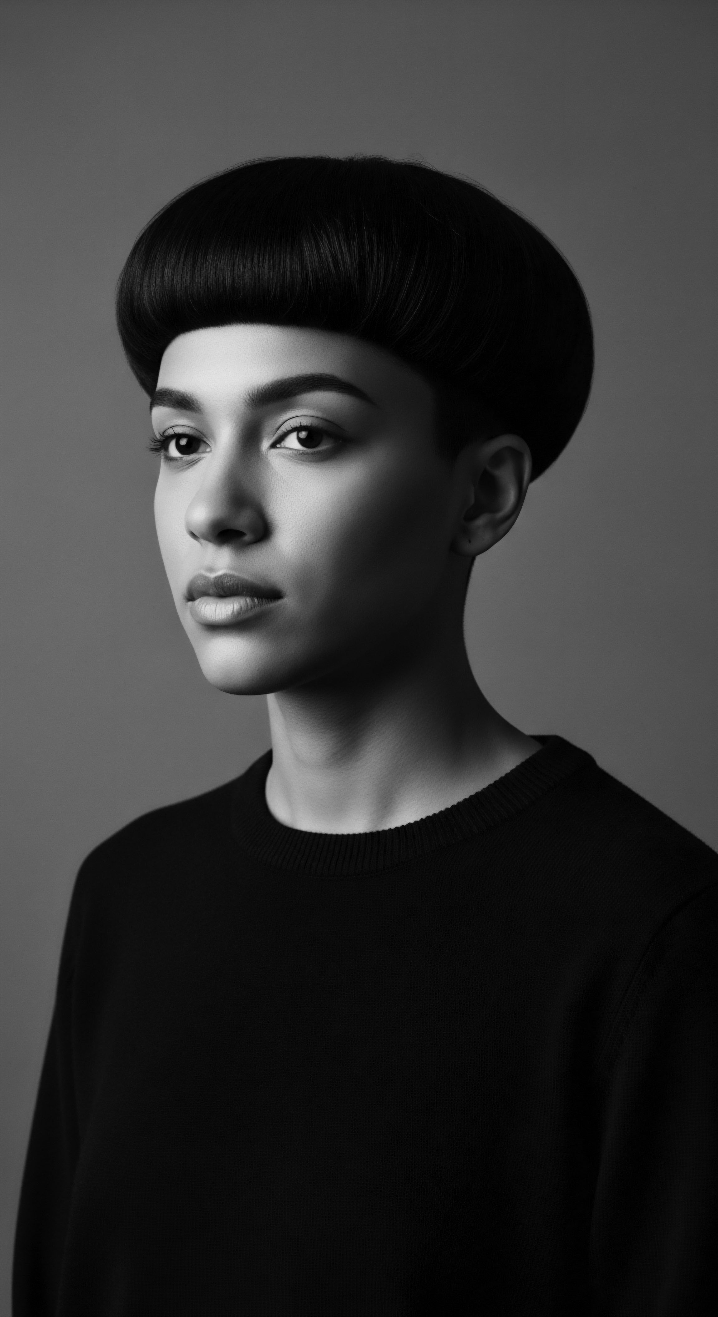 Monochrome Portrait of a Woman with Textured Hair and Bowl Cut Hairstyle This monochromatic portrait evokes timeless beauty, showcasing a modern bowl cut on a woman of color. The hairstyle frames her contemplative expression, while the image reflects ancestral heritage through the lens of contemporary style and personal expression of textured hair.