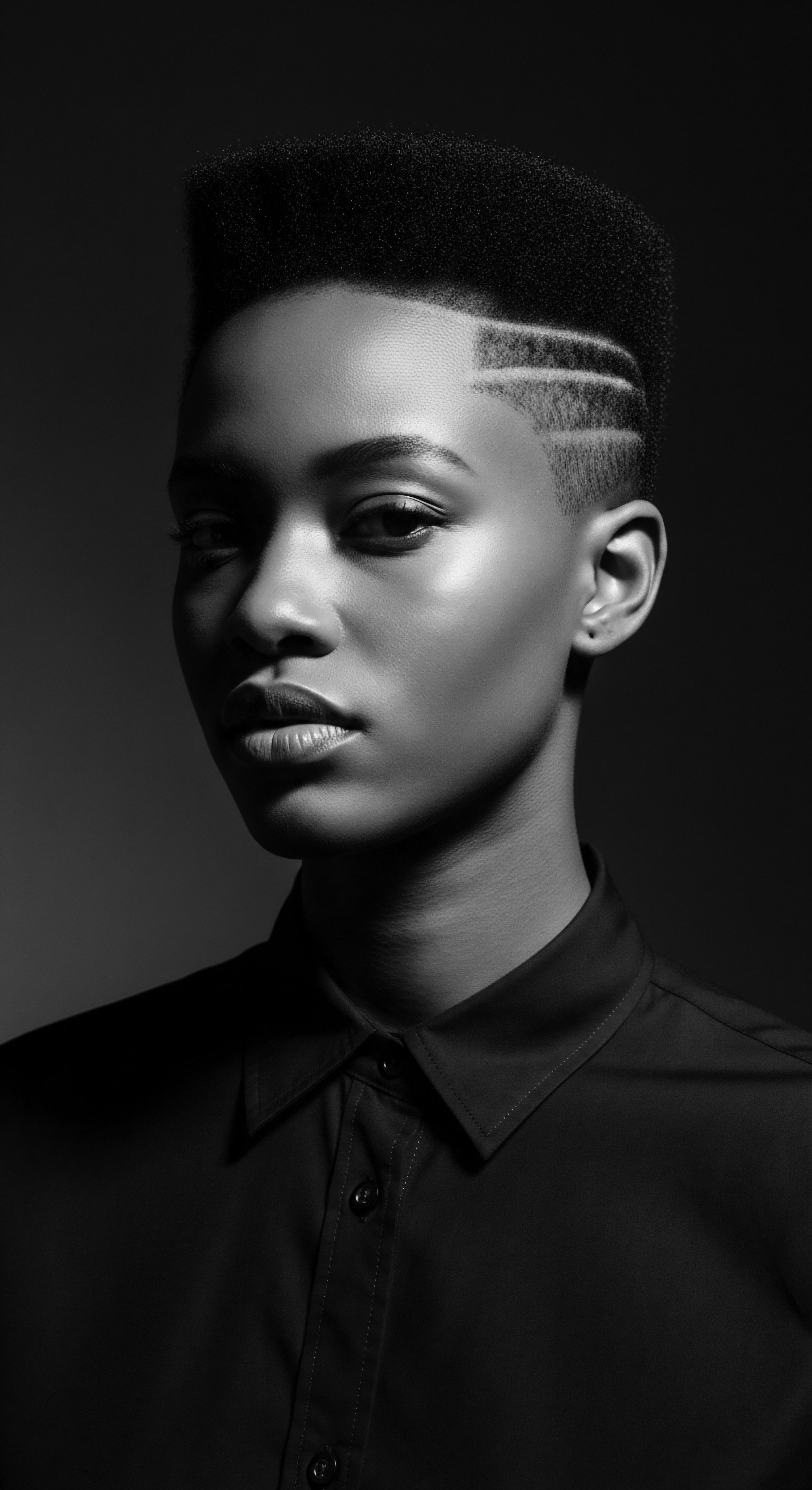 The monochrome portrait captures the essence of individuality, showcasing a modern high-top fade with etched geometric lines in short coils. The image evokes strength, style, and the deliberate expression of self through distinct coily hair fashion, inviting contemplation on identity and heritage.