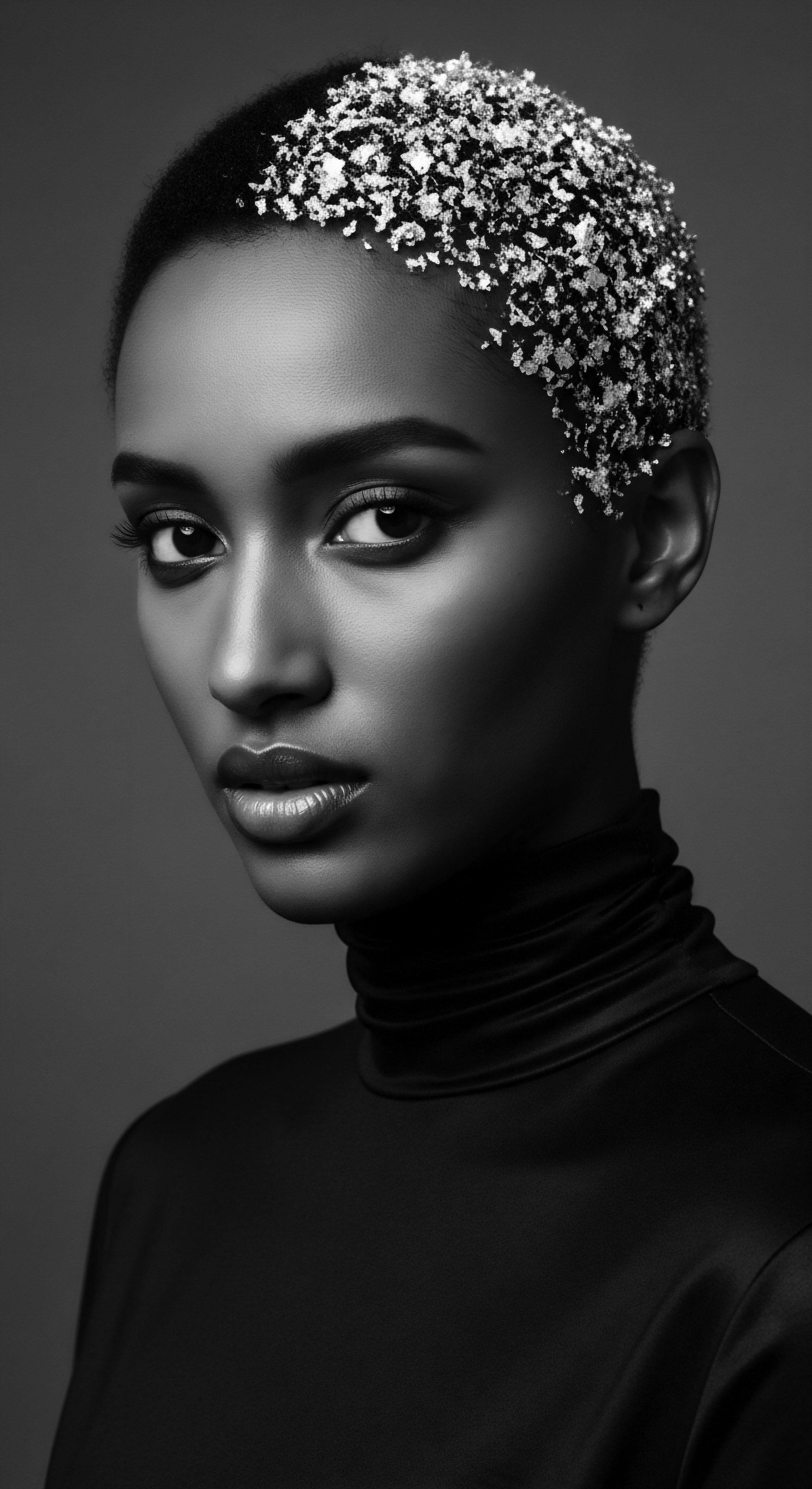 This captivating portrait showcases the interplay of monochrome tones and textured hair enhanced with silver, reflecting the beauty of mixed-race hair narratives and ancestral heritage within expressive styling, inviting viewers to contemplate the depths of identity through hair.