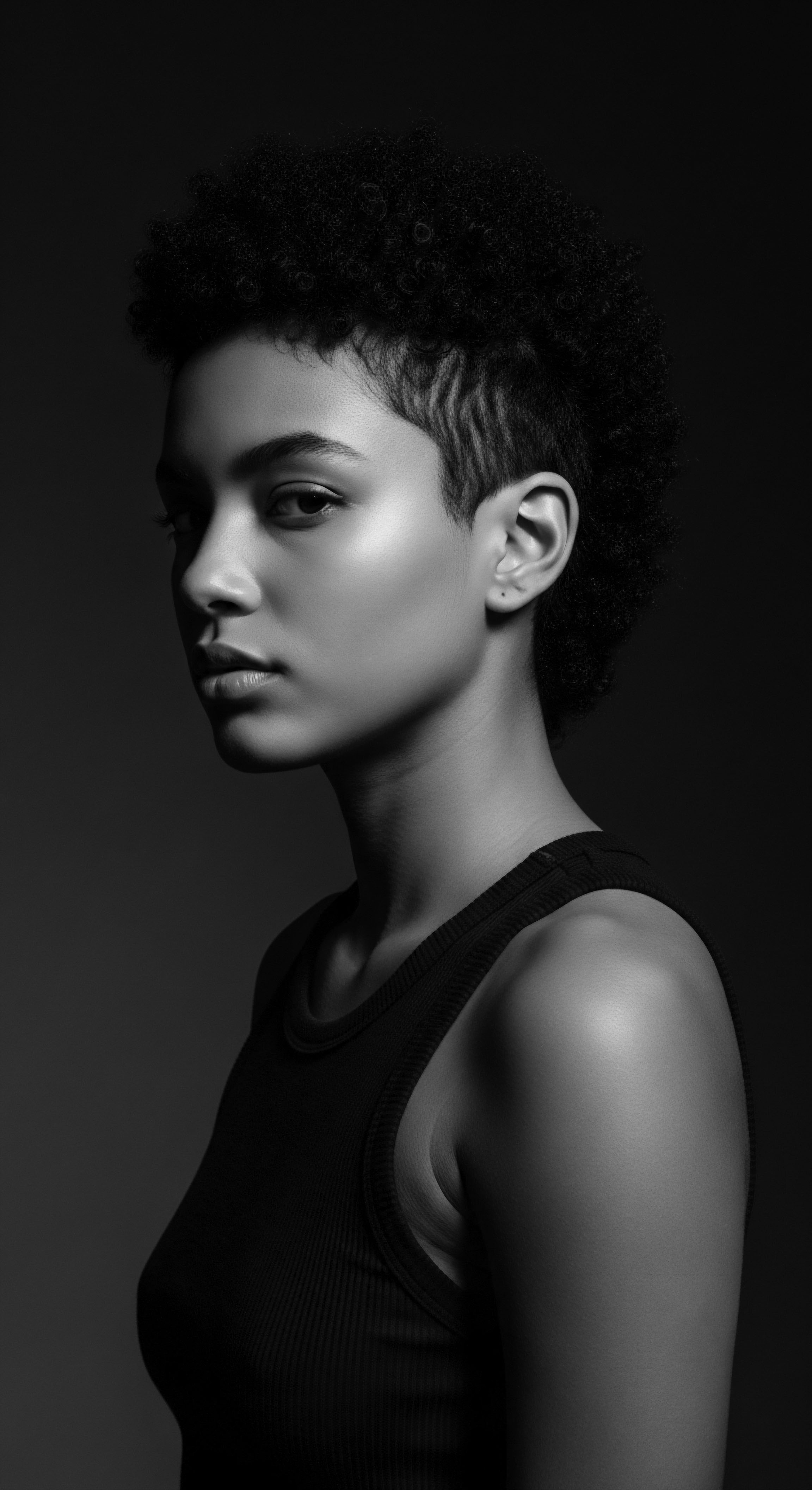 Monochrome Portrait of a Woman with Textured Hair and Tapered Cut This stark portrait reflects the confidence inherent in self-expression through culturally relevant hairstyles. The tapered cut and defined texture capture a contemporary spin on timeless Black hair narratives, blending heritage with individual style. It suggests a deliberate embrace of ancestral heritage, wellness, and identity.