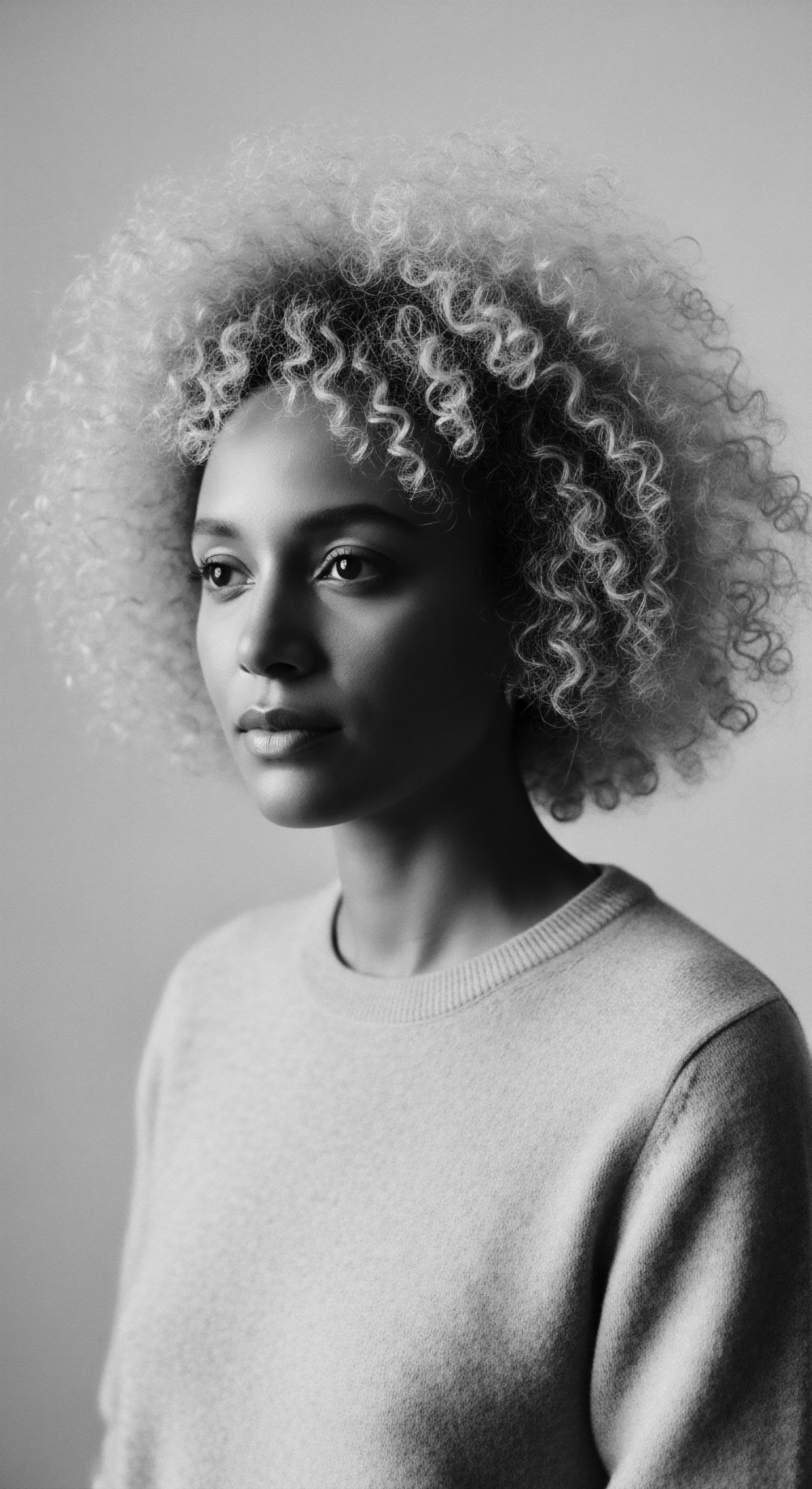 Monochrome Portrait of a Woman with Voluminous Afro Textured Hair and Gentle Expression The monochrome portrait celebrates the beauty of natural, type 4 hair, emphasizing its intricate texture and halo-like volume. The play of light and shadow accentuates the woman’s serene expression, promoting self-acceptance and appreciation for diverse African ancestral heritage.