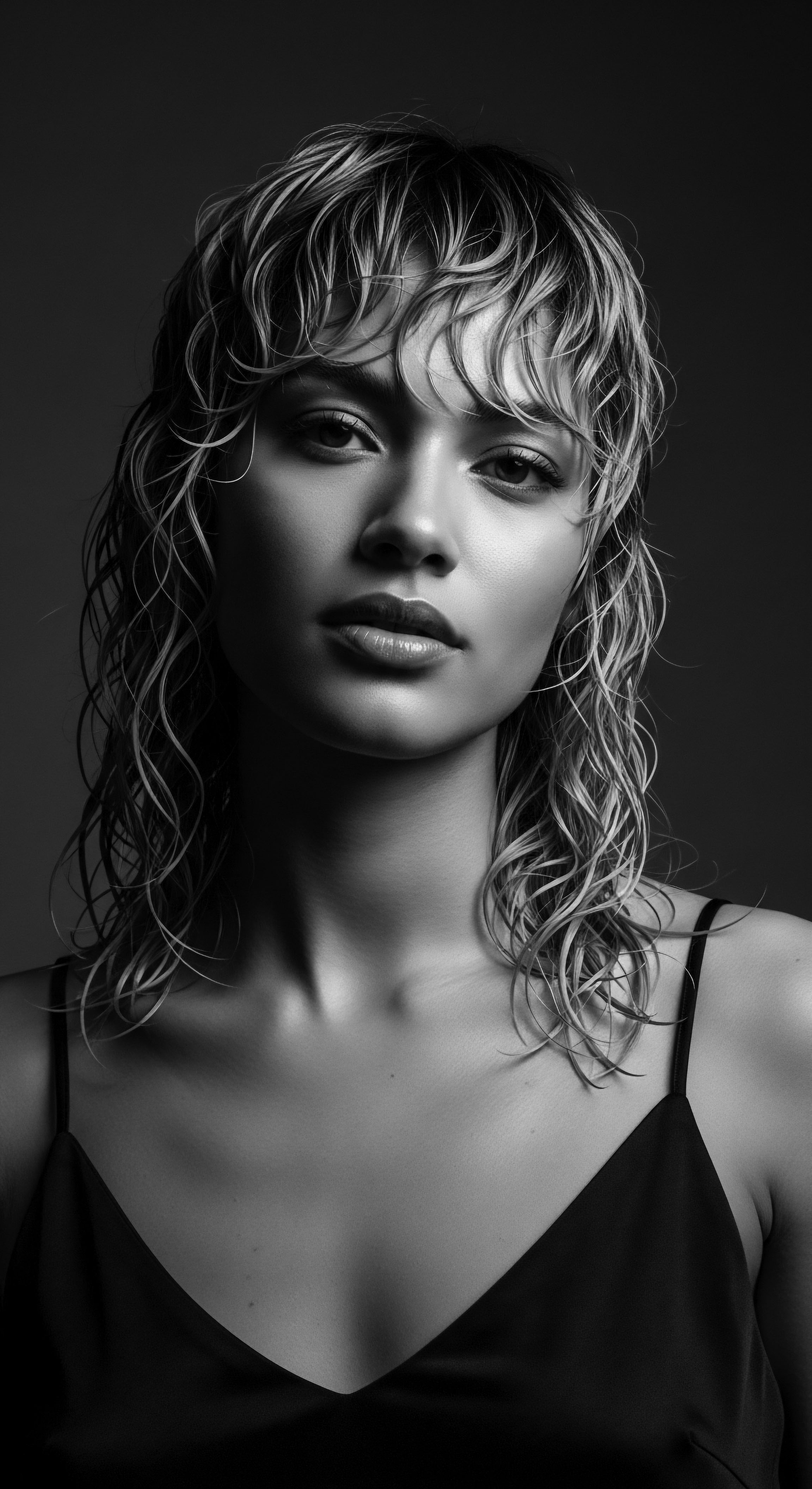 Monochrome Portrait of a Woman with Wet Wavy Textured Hair and Glow This striking monochromatic portrait captures a woman with wet, wavy textured hair, illuminated to emphasize its natural movement. The image resonates with the timeless allure of self-expression through intentional hair styling, presenting a fusion of modern aesthetics and heritage.