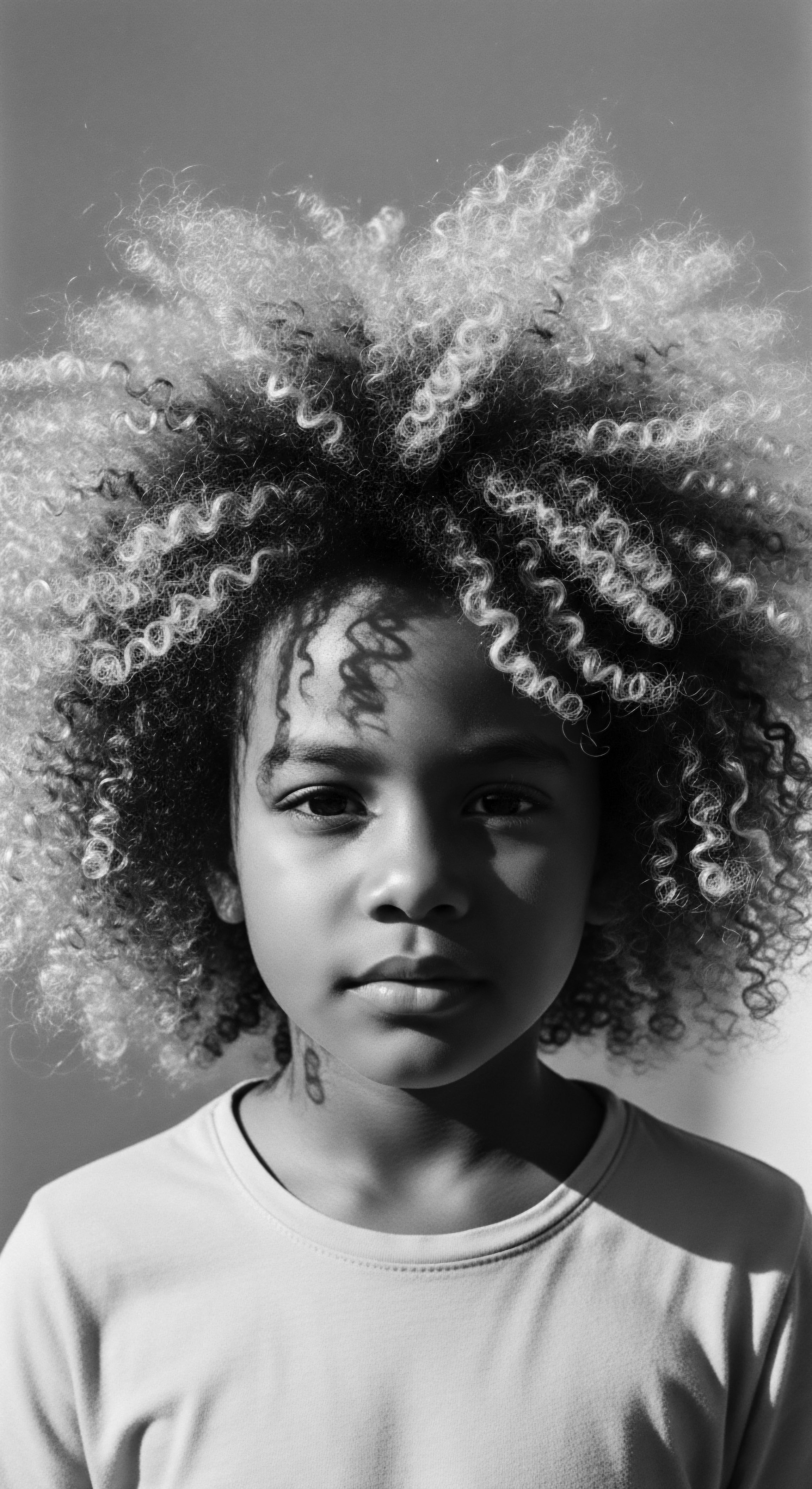 Monochrome Portrait of a Young Person with Afro-Textured Curly Coiled Hair. This evocative portrait celebrates the beauty and complexity of natural Afro-textured hair, emphasizing coiled structures while highlighting the intrinsic link between hair and heritage. The nuanced monochromatic tones amplify the child's features, and their coiled formations representing the richness of Black hair traditions.