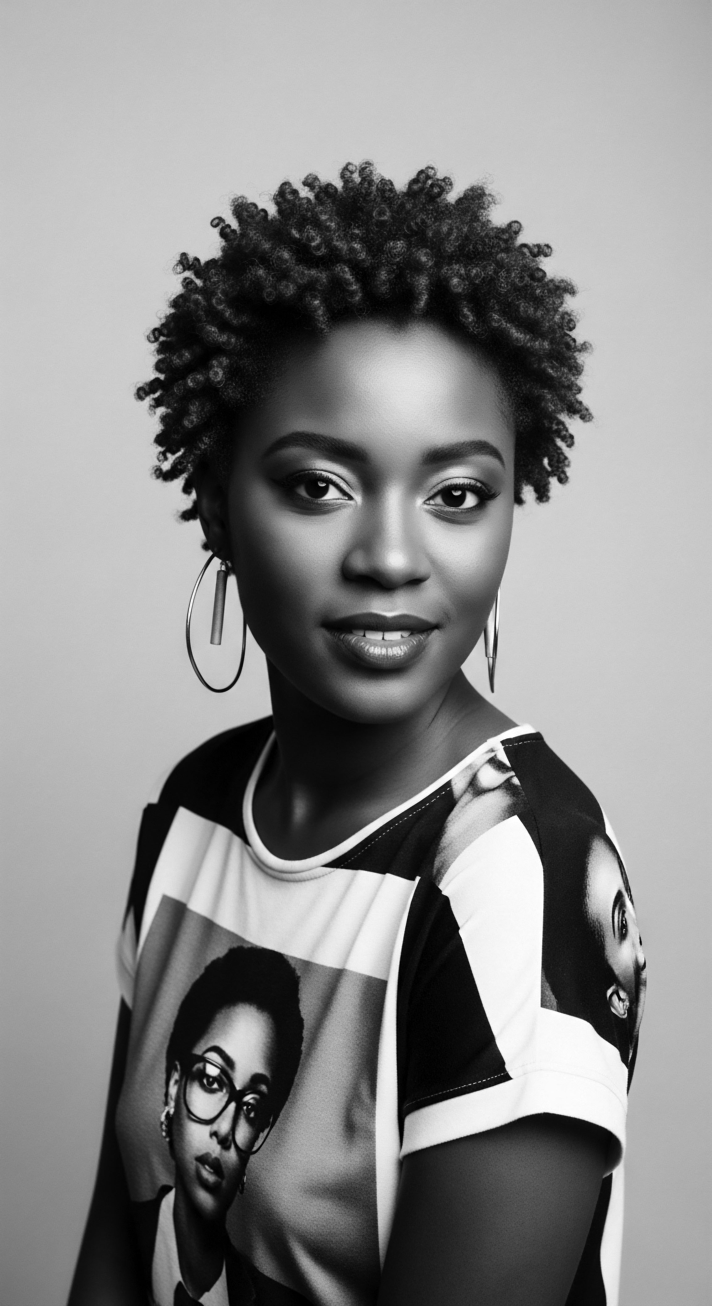 Monochrome Portrait of a Young Woman with Coiled Textured Hair Style Captured in monochrome, the woman's stunning coiled texture and poised expression convey both strength and vulnerability. The image celebrates natural black hair traditions and self-expression through modern fashion, linking heritage and beauty as a statement of cultural pride.